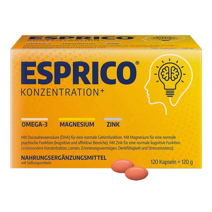 德国原装 Esprico补脑提高记忆力咀嚼胶囊 120粒 | 含Omega-3 EPA，DHA，Omega-6，镁和锌 | 支持大脑、认知和心理功能 子橙味 | PZN 01464428