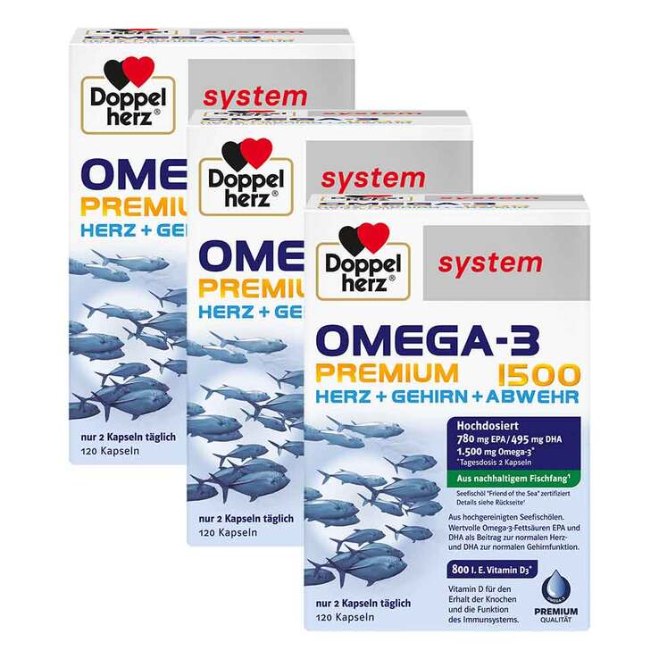 Doppelherz Omega-3 Premium 1500 System | Value Pack | 3 × 120 Capsules | 1,500 mg Omega-3, 780 mg EPA, 495 mg DHA, Vitamin D3 & Vitamin E | Sustainably Sourced Fish Oil | Made in Germany PZN 17173992
