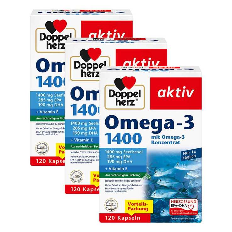Doppelherz Omega-3 1400 Capsules 360 Capsules | Triple Pack | 3 × 120 Capsules | 1400 mg Fish Oil, EPA, DHA & Vitamin E | Heart Health Support | Made in Germany | PZN 10532502