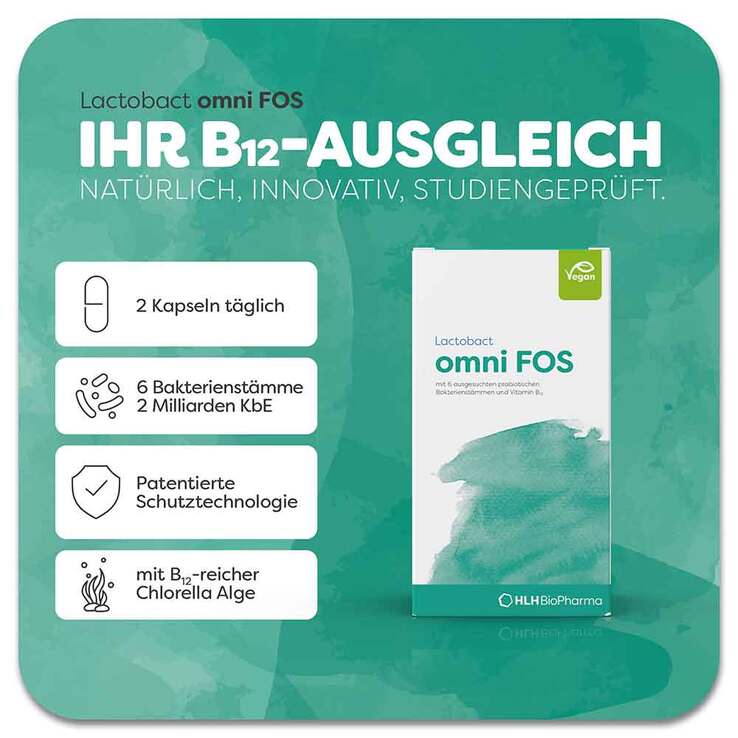 Lactobact omni FOS 60 Gastro-Resistant Capsules | Probiotic with Vitamin B12 & FOS | 6 Probiotic Strains | Vegan PZN 09385102