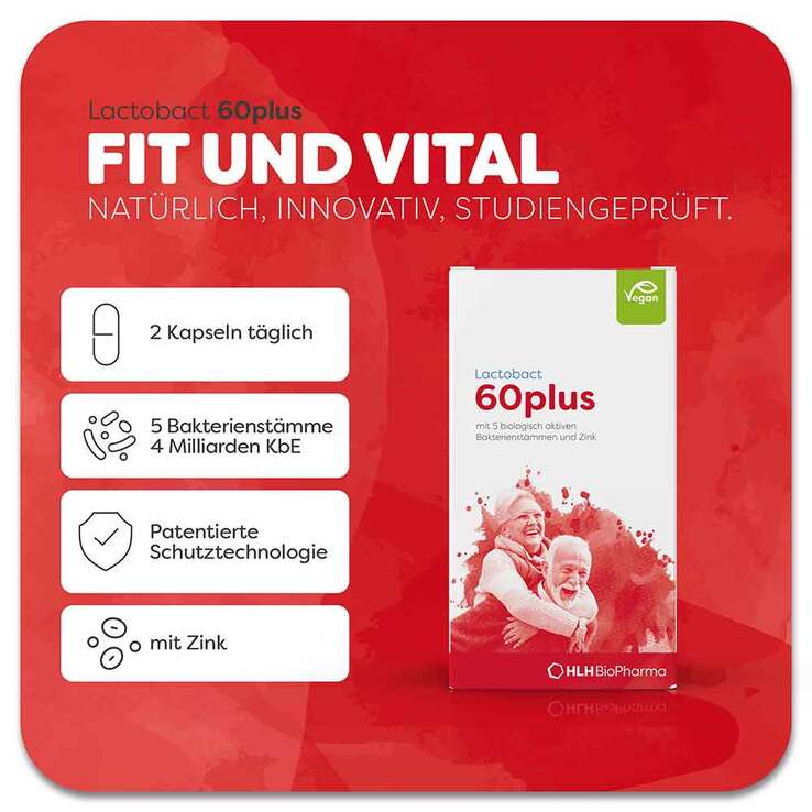Lactobact 60plus 60 Gastro-Resistant Capsules | Probiotic for Adults 60+ | 5 Probiotic Strains & Zinc | Vegan | Made in Germany PZN 09489959