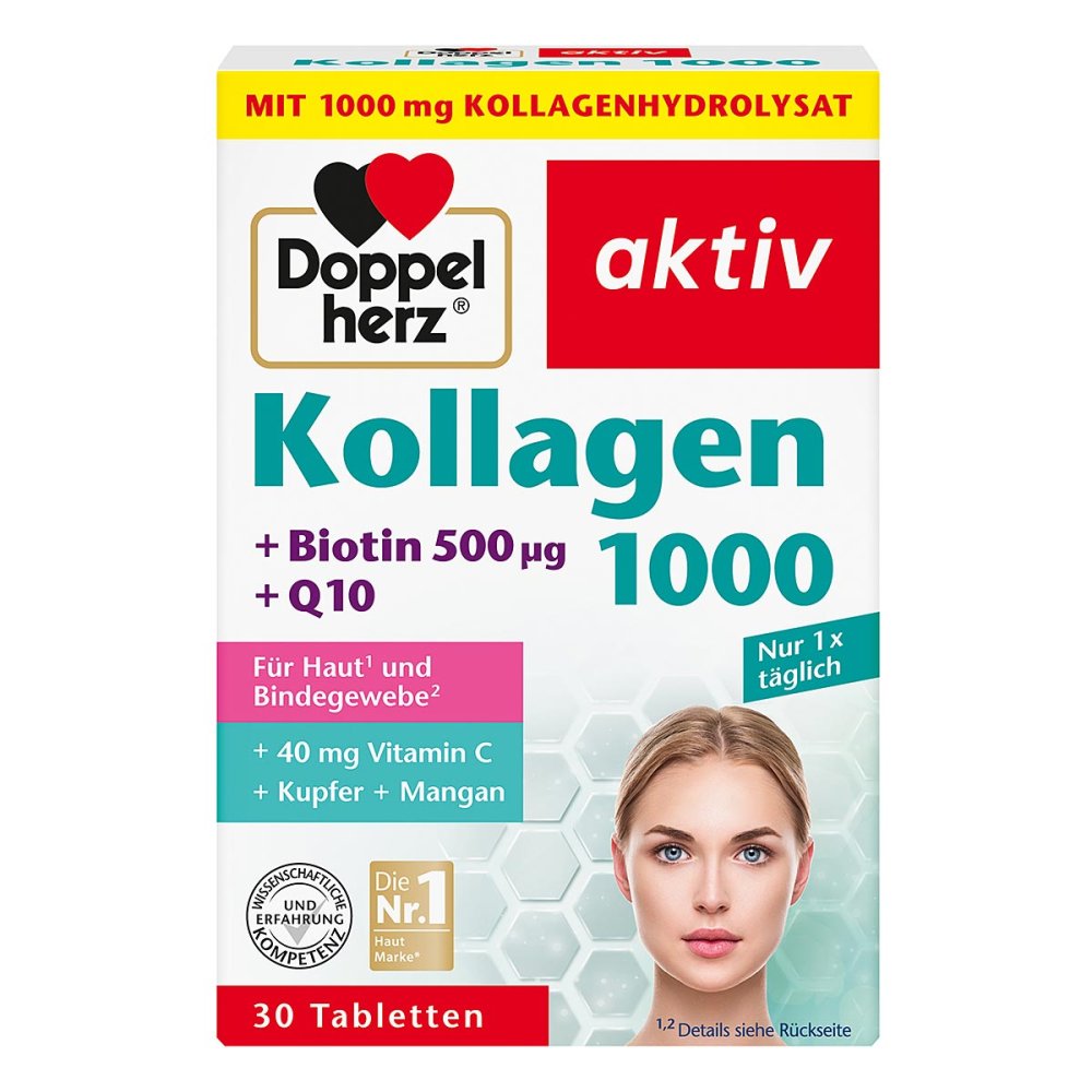 Doppelherz aktiv Collagen 1000 + Biotin + Q10 | Collagen Hydrolysate, Coenzyme Q10 & Vitamin C | Skin & Connective Tissue Support | 30 Tablets | PZN 18389352