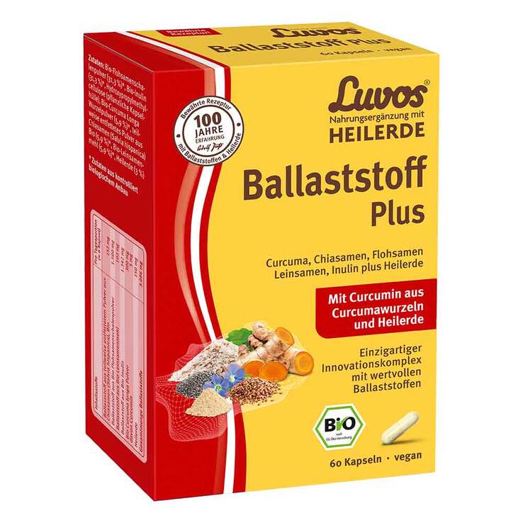 Germany Luvos Healing Clay Fiber Plus Capsules 60 Capsules PZN 13780778 Organic Psyllium Chia Flax Turmeric Vegan Detox Support
