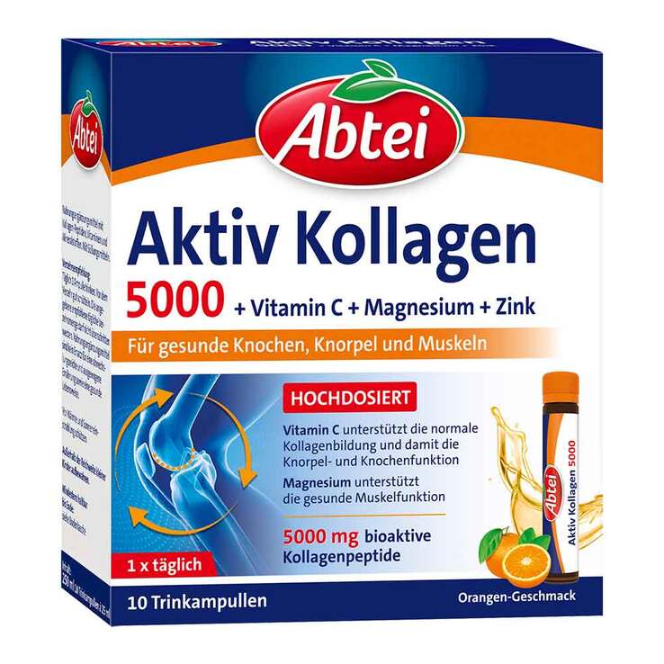 德国原装 Abtei 活性胶原蛋白5000 口服液 10 x 25毫升 | 韩FORTIGEL®胶原蛋白肽、维生素C、镁和锌，橙味 | 保护软骨、骨骼和肌肉，PZN 16506397