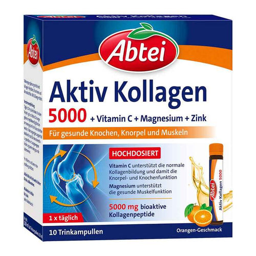 德国原装 Abtei 活性胶原蛋白5000 口服液 10 x 25毫升 | 韩FORTIGEL®胶原蛋白肽、维生素C、镁和锌，橙味 | 保护软骨、骨骼和肌肉，PZN 16506397