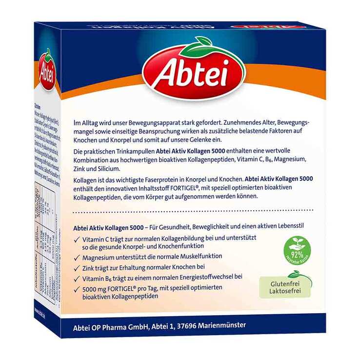 德国原装 Abtei 活性胶原蛋白5000 口服液 10 x 25毫升 | 韩FORTIGEL®胶原蛋白肽、维生素C、镁和锌，橙味 | 保护软骨、骨骼和肌肉，PZN 16506397