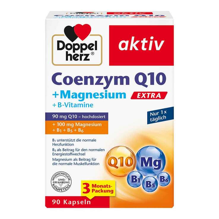 德国原装 Doppelherz双心 辅酶Q10加强版+镁胶囊 90粒 含90毫克辅酶Q10，镁和B族维生素 | 增强能量、保护心脏与肌肉支持 | 德国制造 PZN 19073562