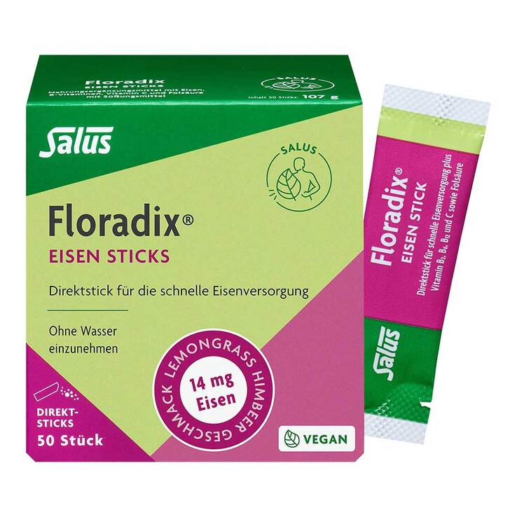 德国原装 Floradix 铁元直饮棒50支 | 覆盆子柠檬草味 含铁、维生素C、B族维生素和叶酸 | 素食补血益气，缓解亚健康，减少疲劳和压力 | 德国制造 PZN 19808466