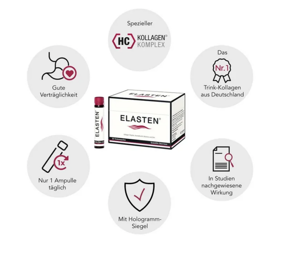 ELASTEN® 胶原蛋白饮用安瓿 28 件，打造美丽肌肤，PZN 10048806 – 经研究验证的原装产品，含西印度樱桃、维生素 C、锌、生物素