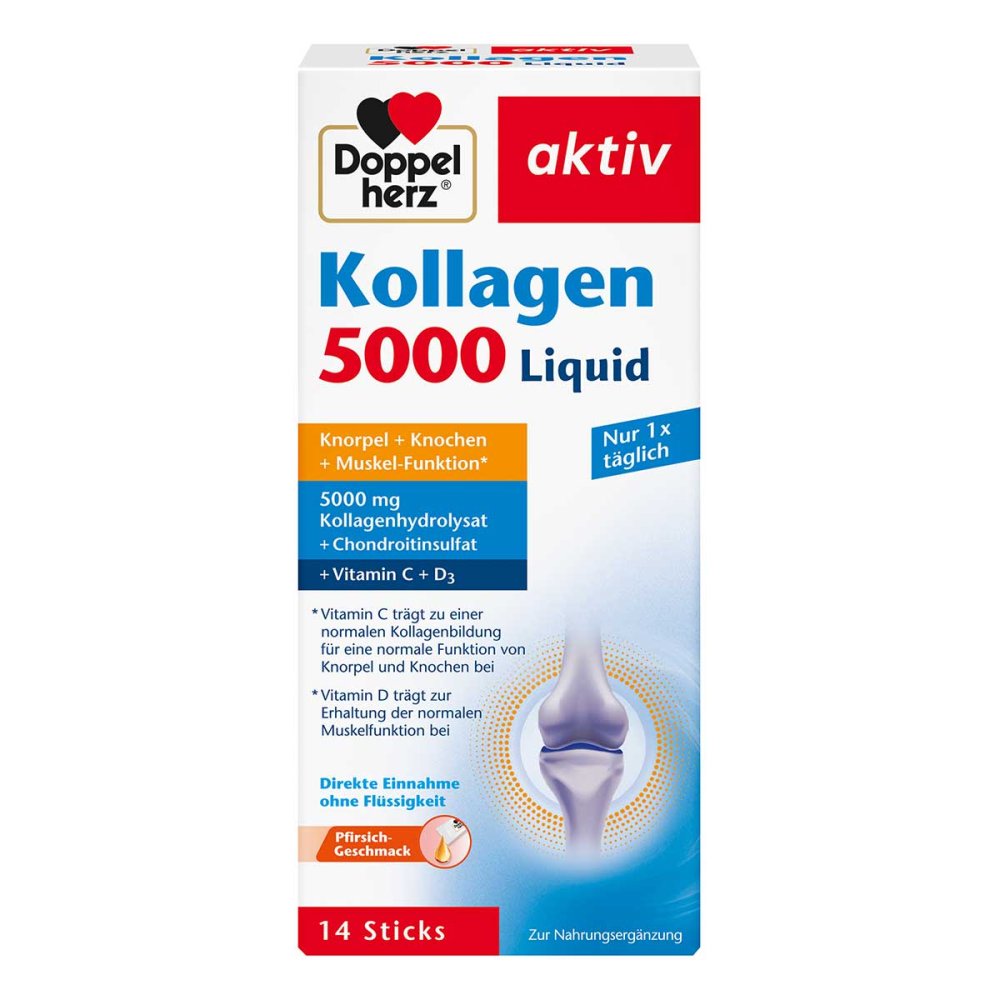 Doppelherz Collagen 5000 Liquid | 5,000 mg Collagen Hydrolysate + Chondroitin | Vitamin C, D, E & Manganese | Peach Flavor | 14 Liquid Sticks | PZN 18028364