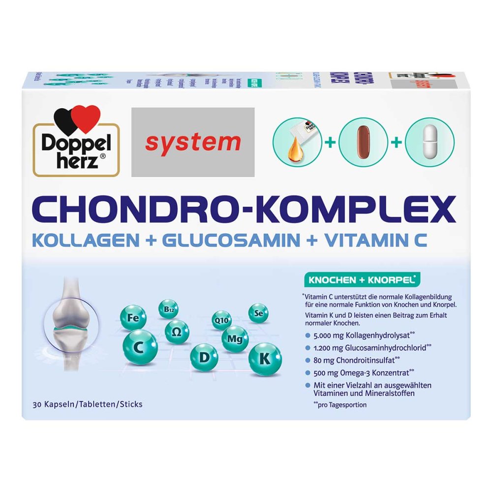 Doppelherz System Chondro Complex | Collagen, Glucosamine, Chondroitin & Omega-3 | Complete Joint Support Formula | 30 Daily Packs | PZN 18839967
