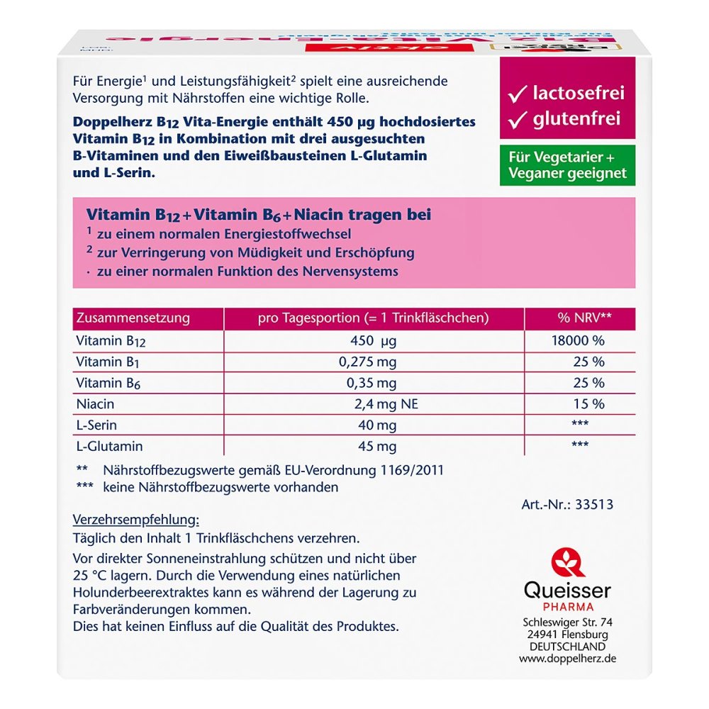 Doppelherz aktiv B12 Vita-Energie | Vitamin B12 450 μg + B1, B6 & Niacin | Energy & Fatigue Support | Vegan | 30 Drinking Bottles | PZN 15252954