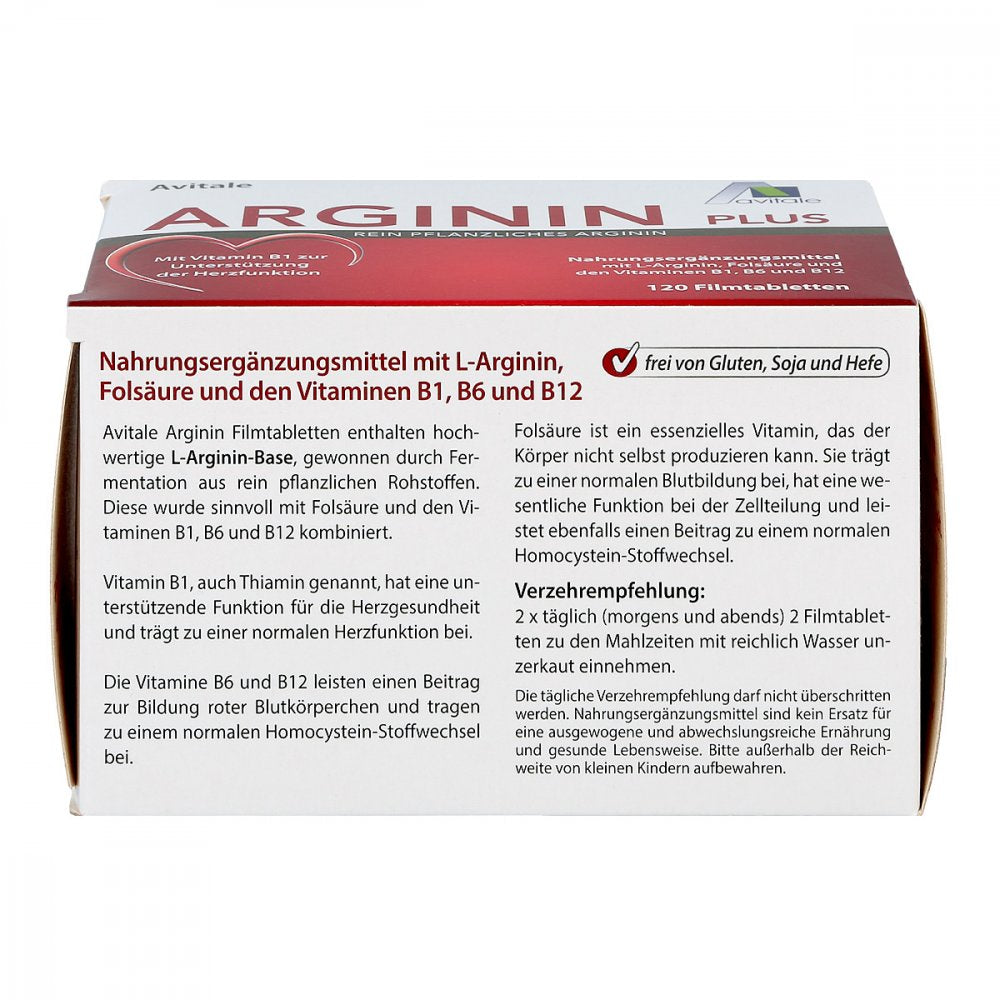 Avitale Arginin Plus 120 Tablets | 3,000 mg L-Arginine | Vitamin B1, B6, B12 & Folic Acid | Heart Health & Homocysteine Metabolism | PZN 12470509