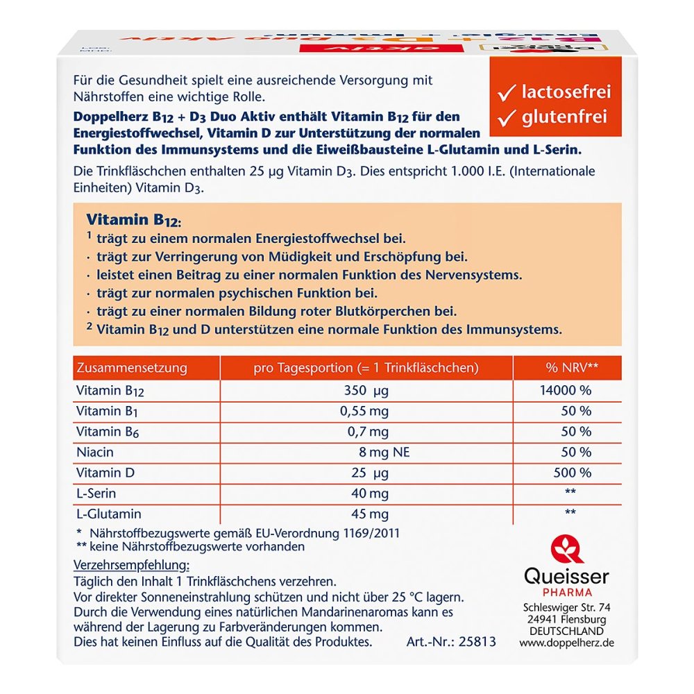 Doppelherz aktiv B12 + D3 Duo Aktiv | Vitamin B12 350 μg + Vitamin D3 1,000 IU | Energy & Immune Support | 30 Drinking Bottles | PZN 17586004