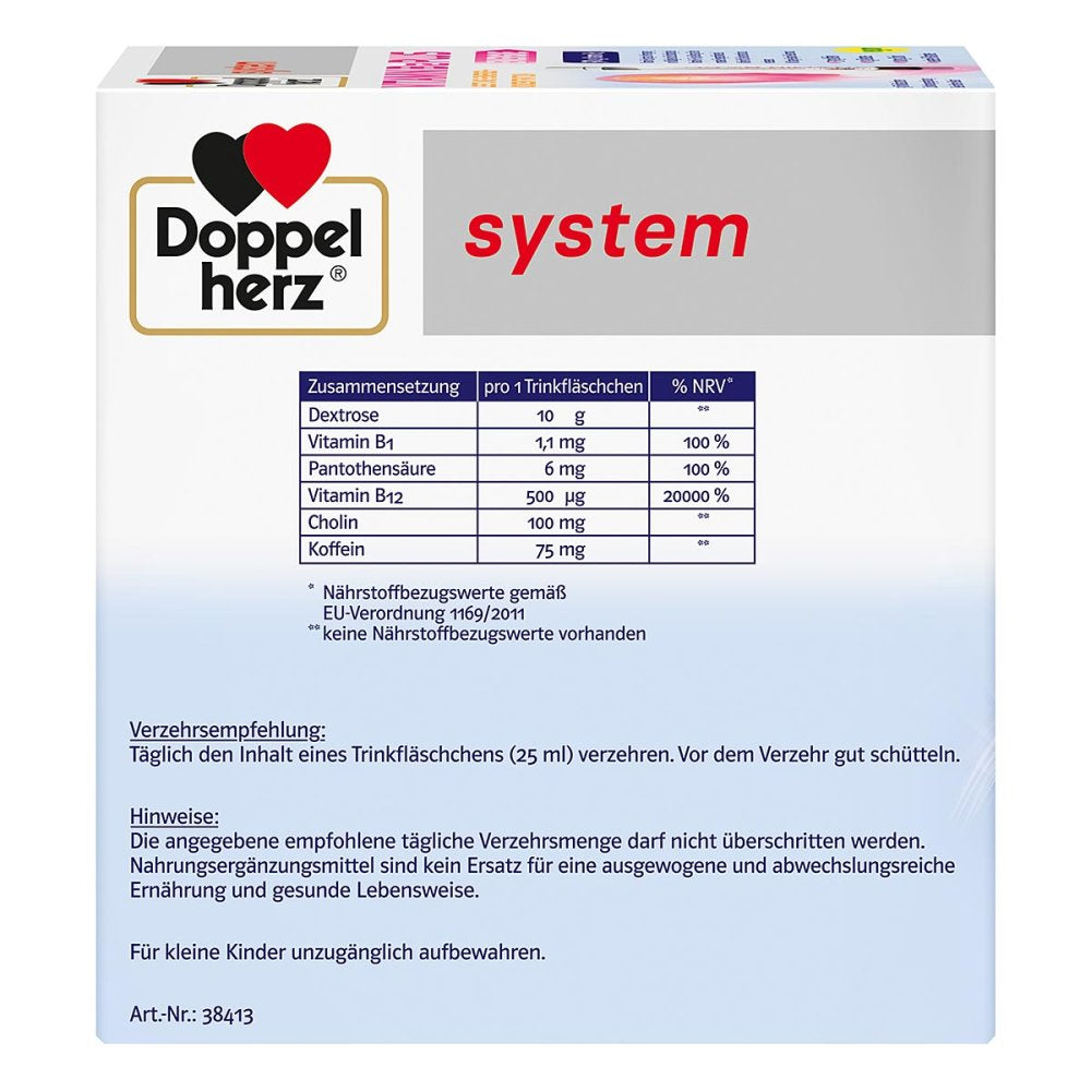 Doppelherz System Vitamin B12 Plus Energy | 500 μg B12 + Caffeine, Choline, B1 & B5 | 30 × 25 ml | PZN 09071361