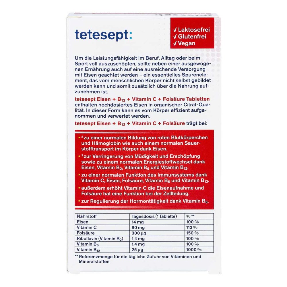 Tetesept Iron+B12 Vitamin C+Folic Acid Film-coated Tablets 30 pcs PZN 18761739