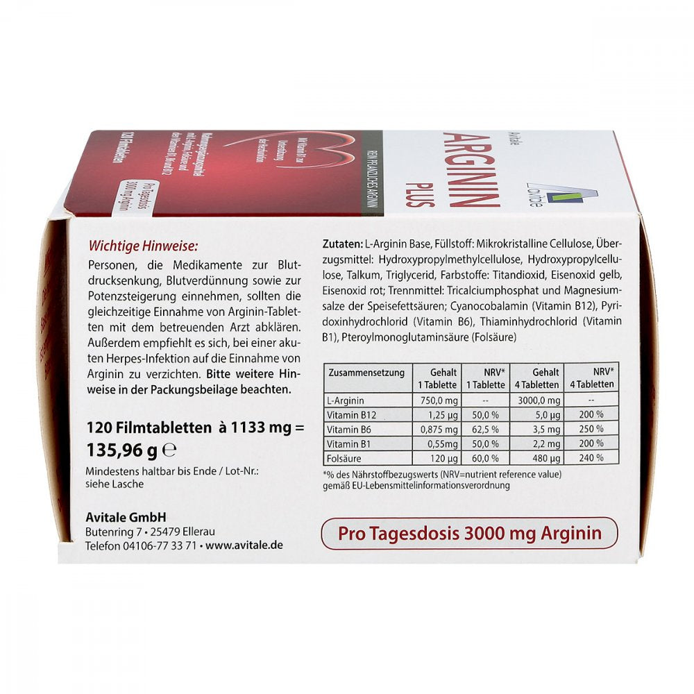 Avitale Arginin Plus 120 Tablets | 3,000 mg L-Arginine | Vitamin B1, B6, B12 & Folic Acid | Heart Health & Homocysteine Metabolism | PZN 12470509