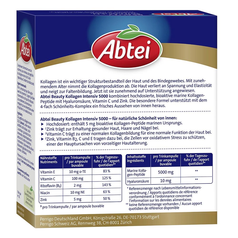 Abtei Beauty Kollagen Intensiv 5000 | Marine Collagen Peptides | 5,000 mg Collagen + Hyaluronic Acid, Vitamin C, Biotin & Zinc | 10 Drinking Ampoules | PZN 16363041