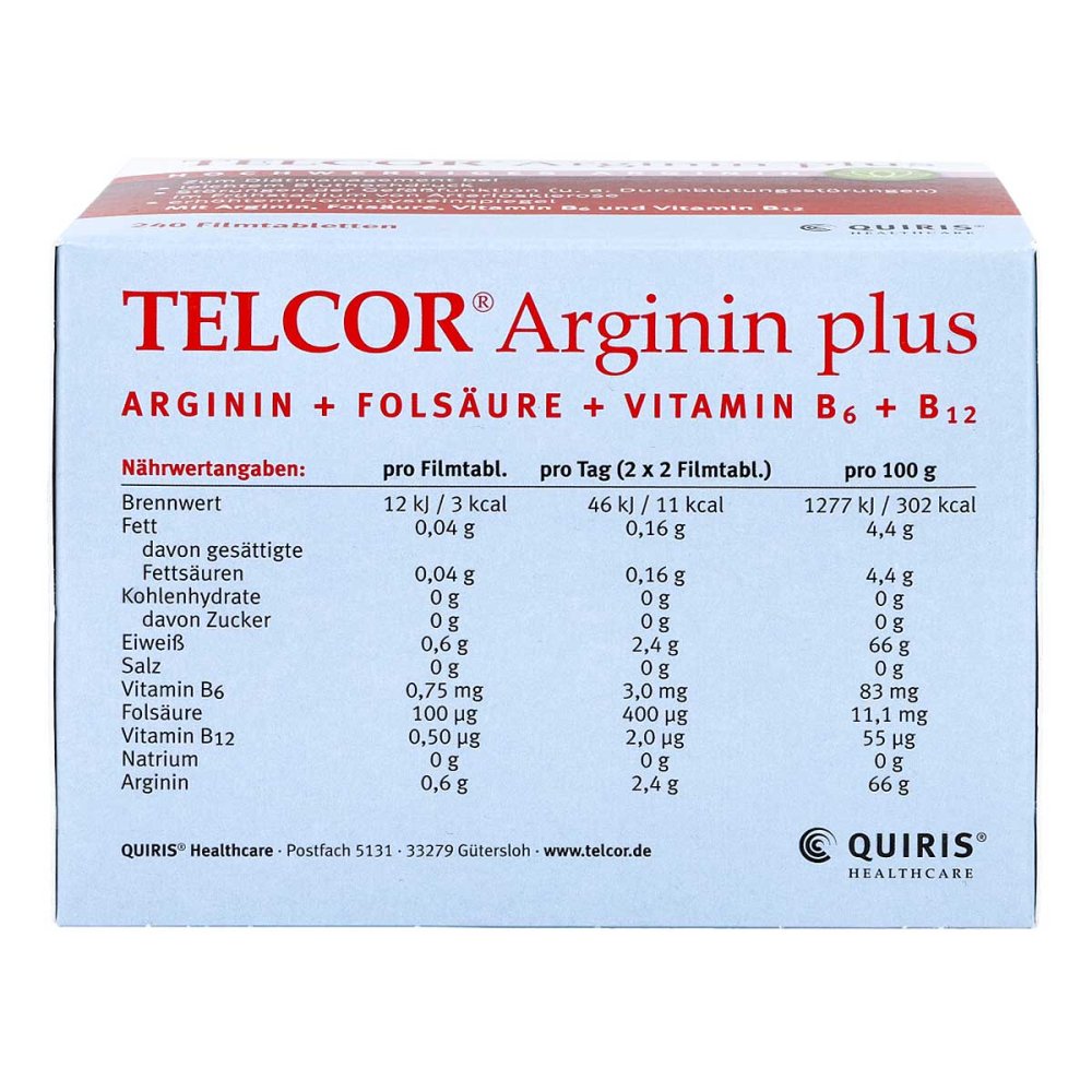 Telcor Arginin Plus Value Pack 2 × 240 Film-Coated Tablets | 480 Tablets Total | Premium L-Arginine + Vitamin B6, B12 & Folic Acid | Vascular Nutritional Support | Vegan Made in Germany PZN 03104757