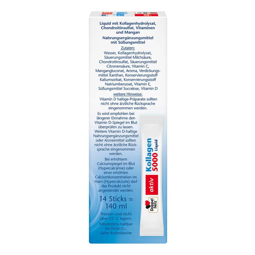 Doppelherz Collagen 5000 Liquid | 5,000 mg Collagen Hydrolysate + Chondroitin | Vitamin C, D & E | 4-Pack | 56 Liquid Sticks | PZN 18028364