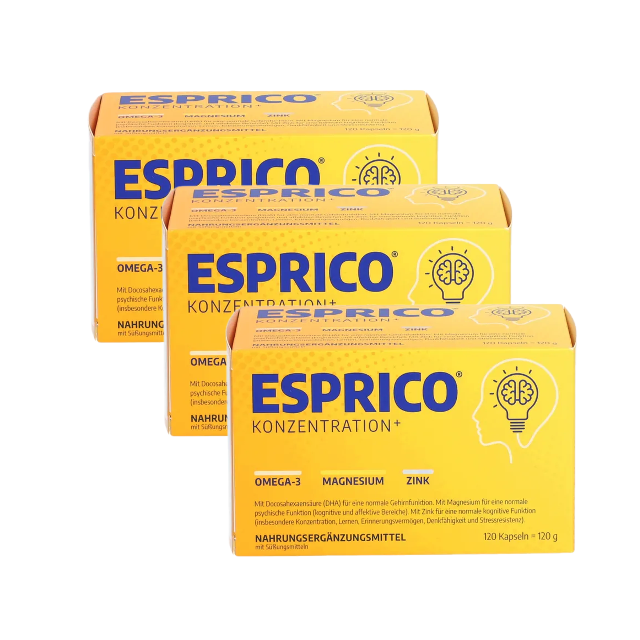 德国原装 Esprico补脑提高记忆力咀嚼胶囊 360粒 三盒套装| 含Omega-3 EPA、DHA、Omega-6、镁和锌 | 支持大脑、认知和精神功能 橙子味 | PZN 01464428