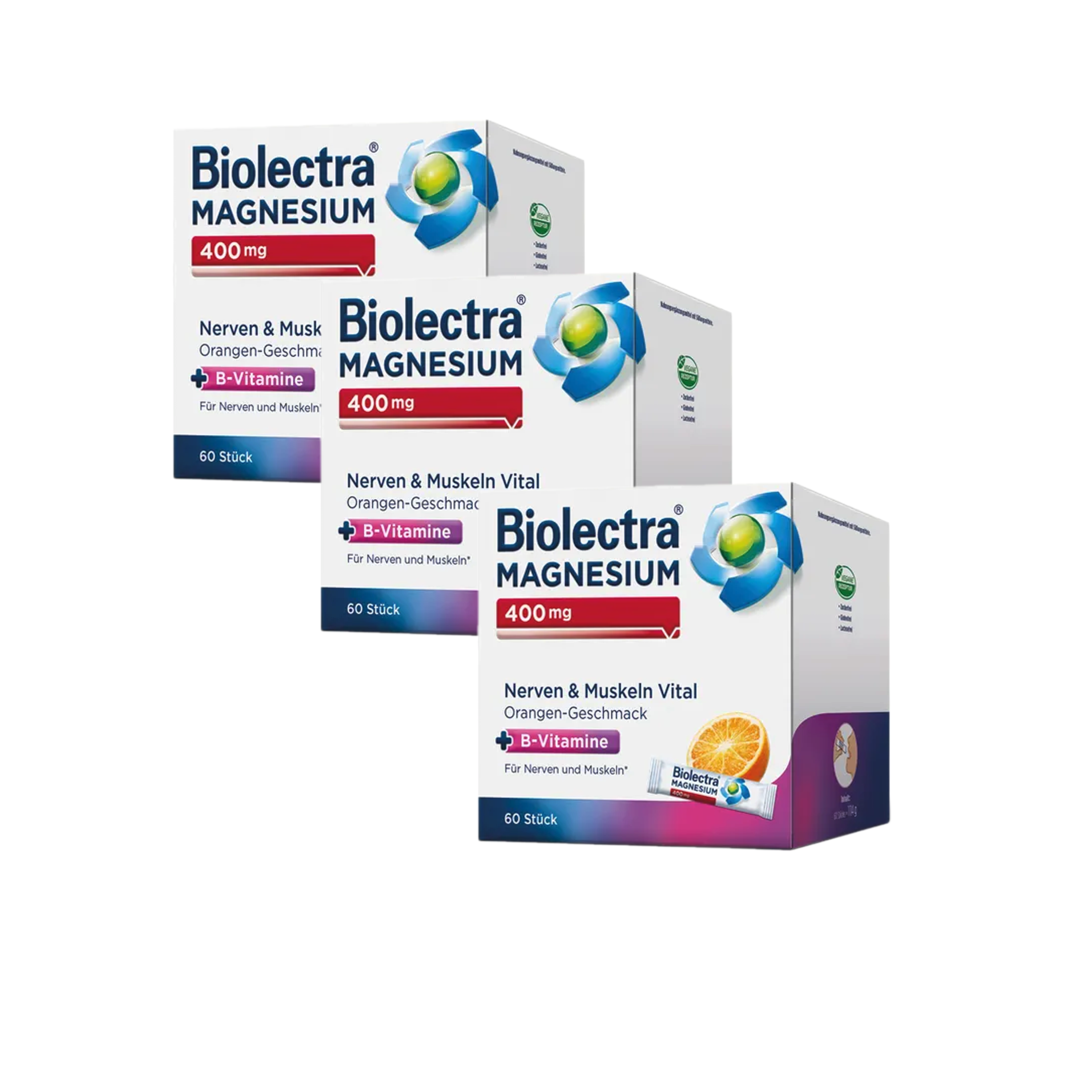 Biolectra Magnesium 400 mg Nerves & Muscles Vital 180 Sticks | Triple Pack | Magnesium 400 mg + Vitamins B1, B2, B6 & B12 | Direct Micro-Pellets | Orange Flavor | Made in Germany | PZN 19150883