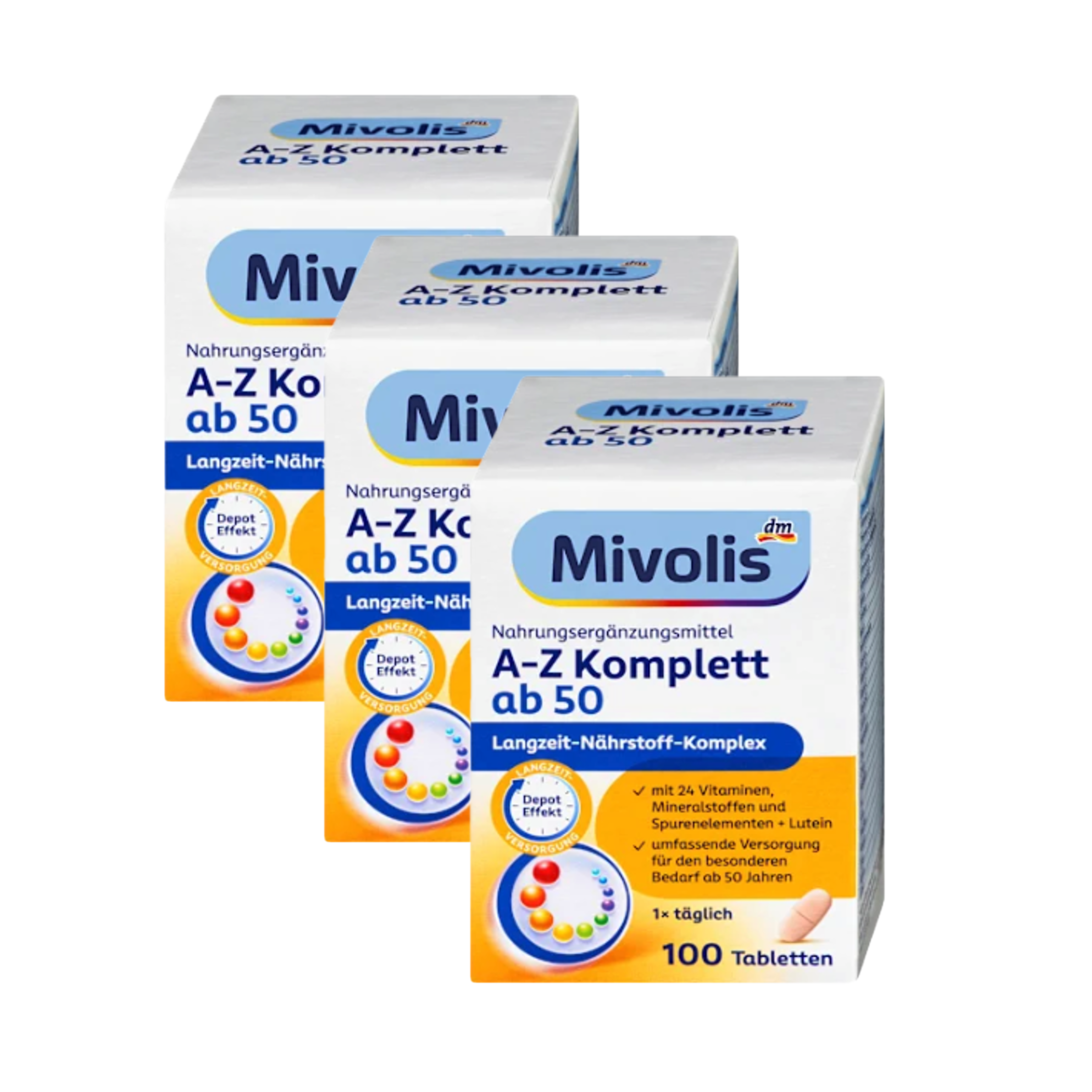 Mivolis A–Z Komplett Depot 50+ 300 Tablets | Triple Pack | 3 × 100 Tablets | 24 Vitamins, Minerals & Lutein | Sustained Release Formula | For Adults 50+ | Made in Germany