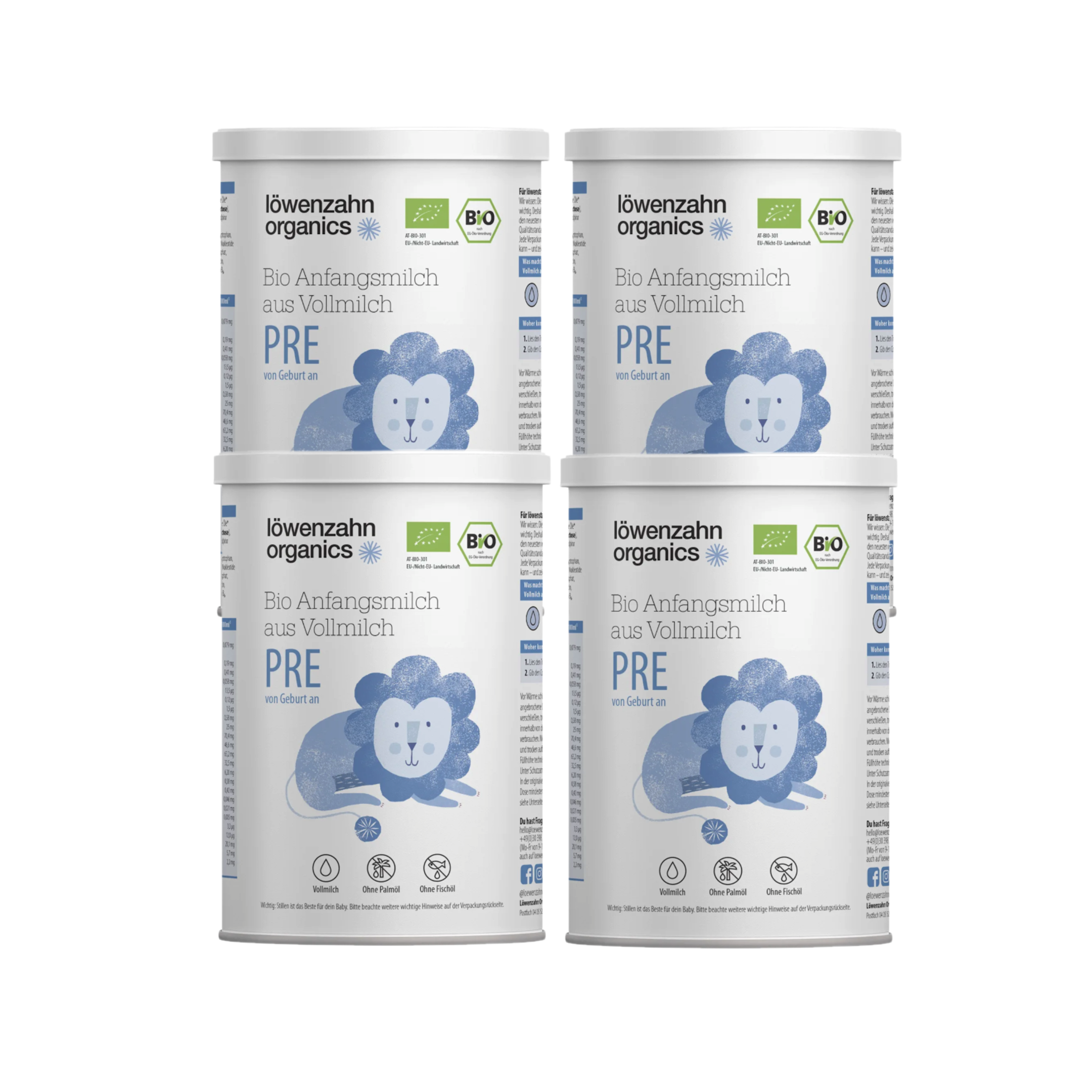 Löwenzahn Organics PRE Organic Infant Formula Family Value Pack 1600g 4 × 400 g | Whole Milk Recipe | From Birth | Organic | Palm Oil Free | Made in Germany
