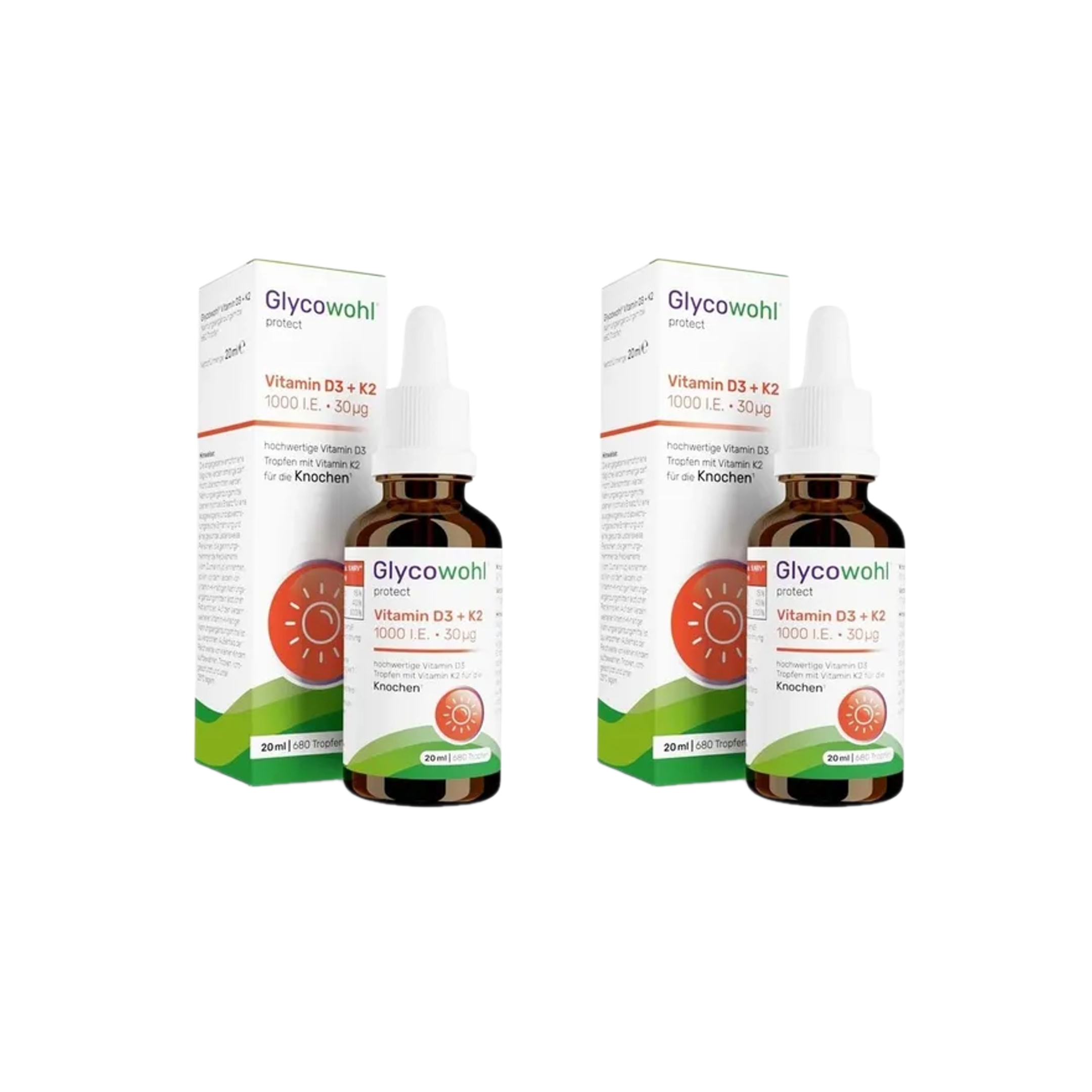 GLYCOWOHL Vitamin D3 + K2 Drops 40 ml 2 Bottles| 1000 IU Vitamin D3 + 30 μg K2VITAL® per Drop | 1,360 Drops Total  PZN 19745375