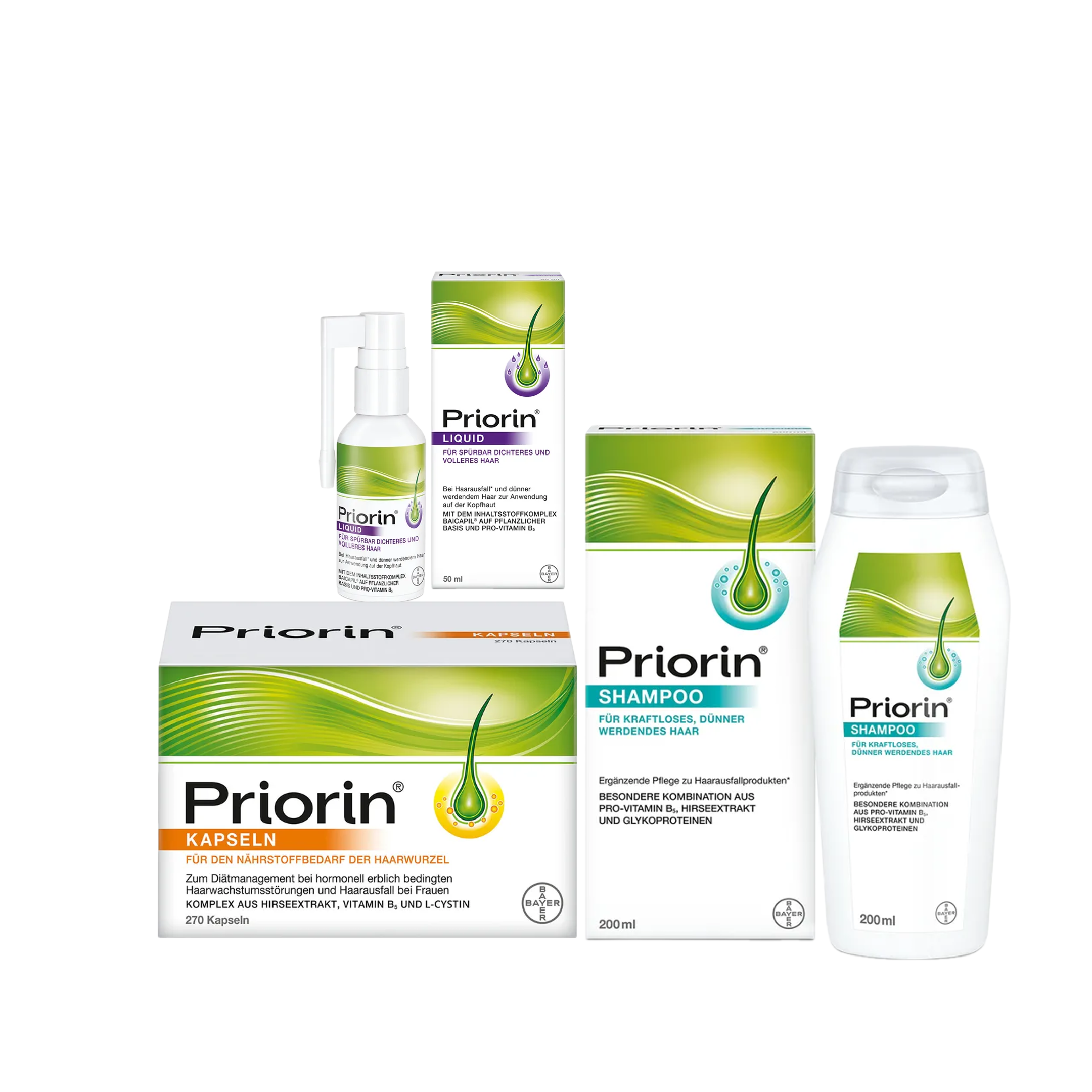Priorin Complete Hair Care System | Liquid 50 ml (PZN 11711661) + Capsules 270 (PZN 15266092) + Shampoo 200 ml (PZN 11072480) | Complete Inside & Outside Hair Care