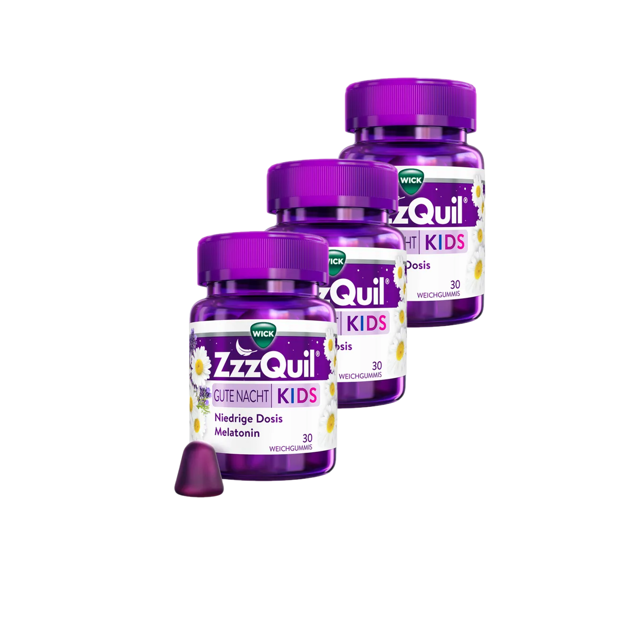 WICK ZzzQuil Gute Nacht Kids 90 Gummies 3-Pack | 0.5 mg Melatonin + Vitamin B6, Chamomile & Lavender | Wild Berry Flavor | Children's Sleep Gummies PZN 18664841