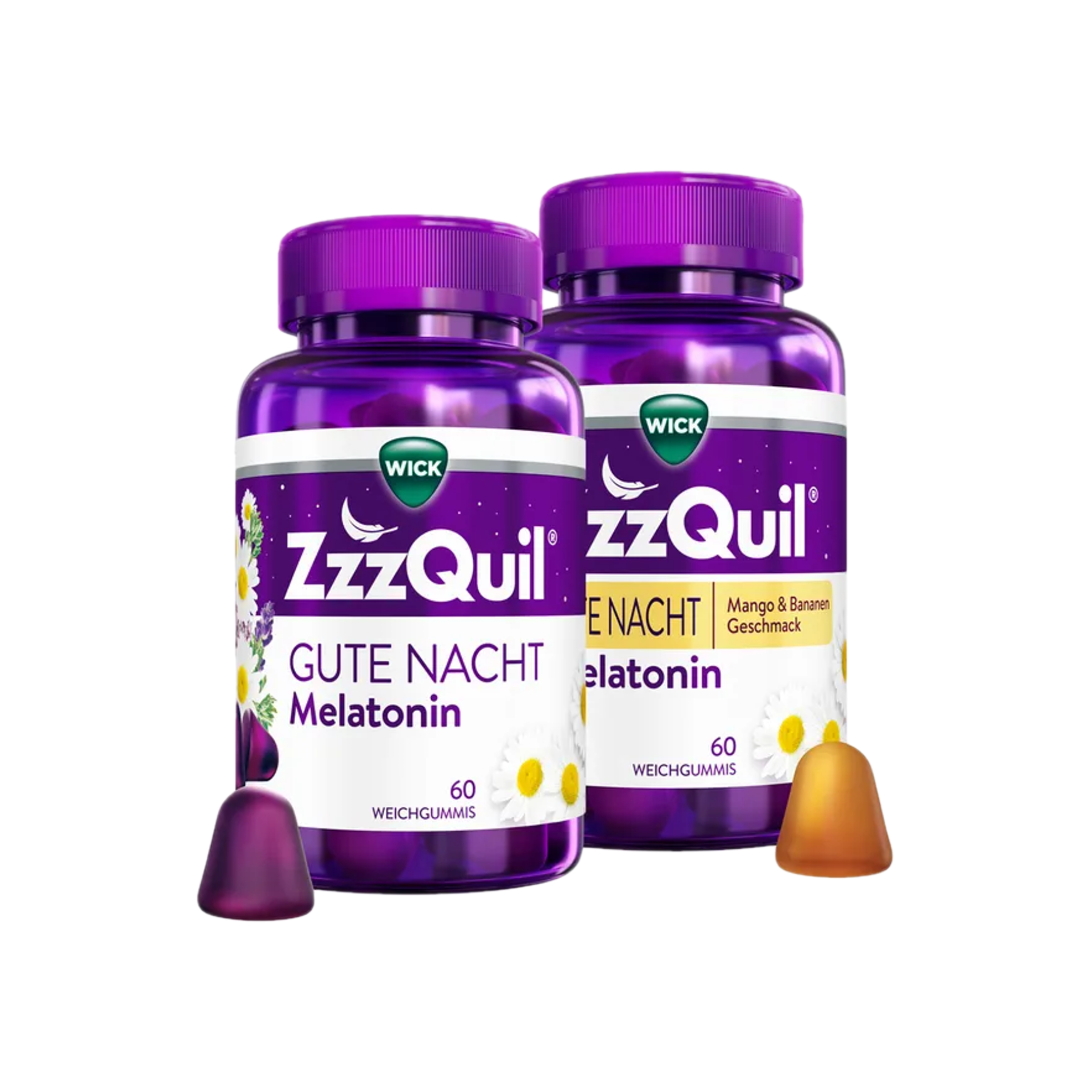 WICK ZzzQuil Gute Nacht Gummies Variety Pack Wild Berry + Mango Banana | 120 Melatonin Gummies | 1 mg Melatonin + Vitamin B6 & Botanical Extracts PZN 16894643 + 18137478