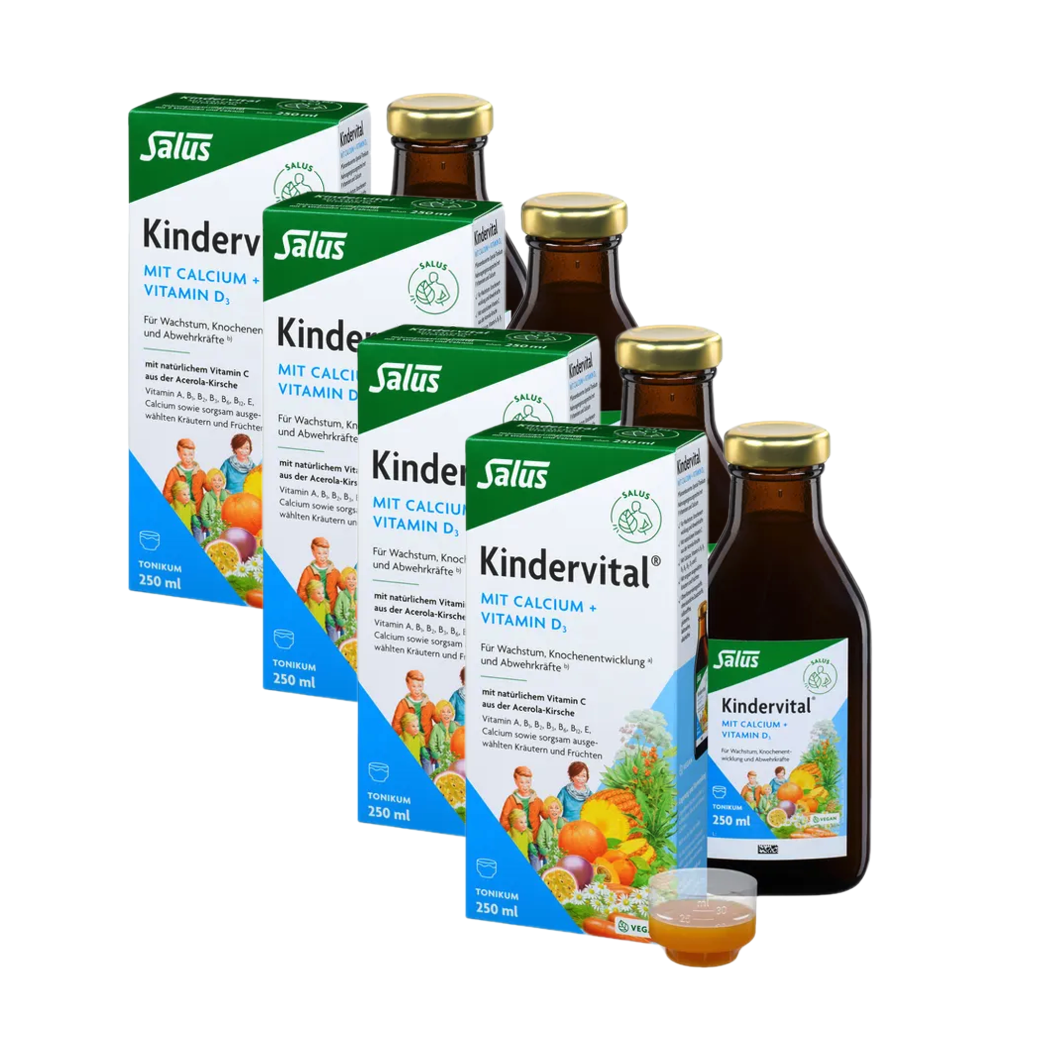 Salus Kindervital with Calcium + Vitamin D3 Liquid 1000 ml | Value Pack | 4 × 250 ml | Children's Multivitamin with Calcium, Vitamin D3 & Vitamin C | Growth, Bones & Immune Support | Vegan | Made in Germany | PZN 18226934