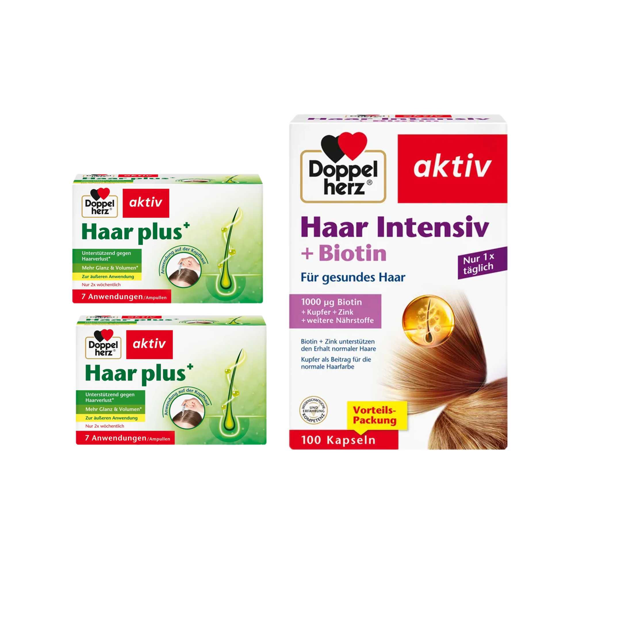 Doppelherz Hair Care Duo Set | Haar plus+ Ampoules 2 Boxes (PZN 16866090) + Haar Intensiv + Biotin Capsules (PZN 16849737) | Complete Inside & Outside Hair Care