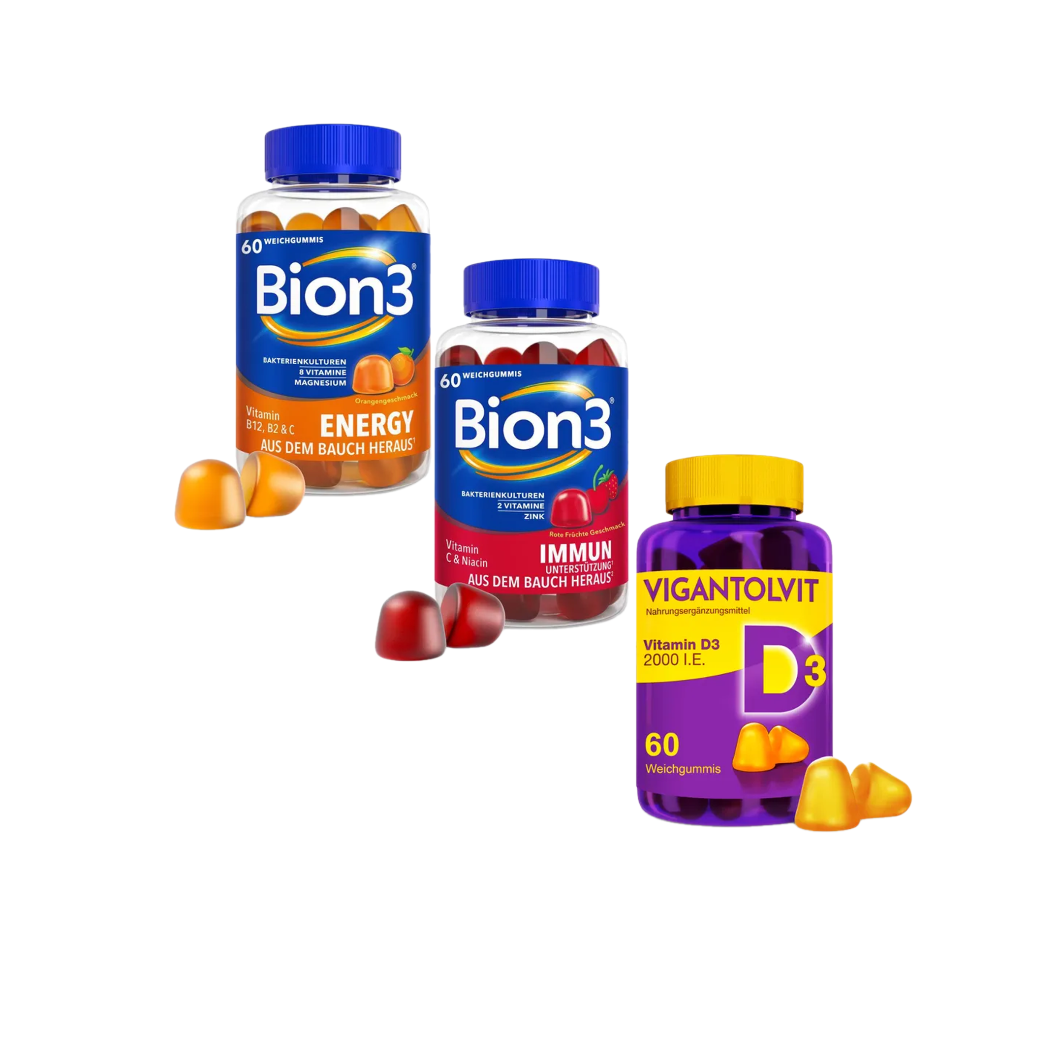 VIGANTOLVIT Vitamin D3 + Bion3 Immun Gummies + Bion3 Energy Gummies | Ultimate Wellness Gummy Bundle | 180 Gummies Total | Vitamin D, Multivitamins, Probiotics & Minerals PZN 18199060 + 18860200 + 18860192