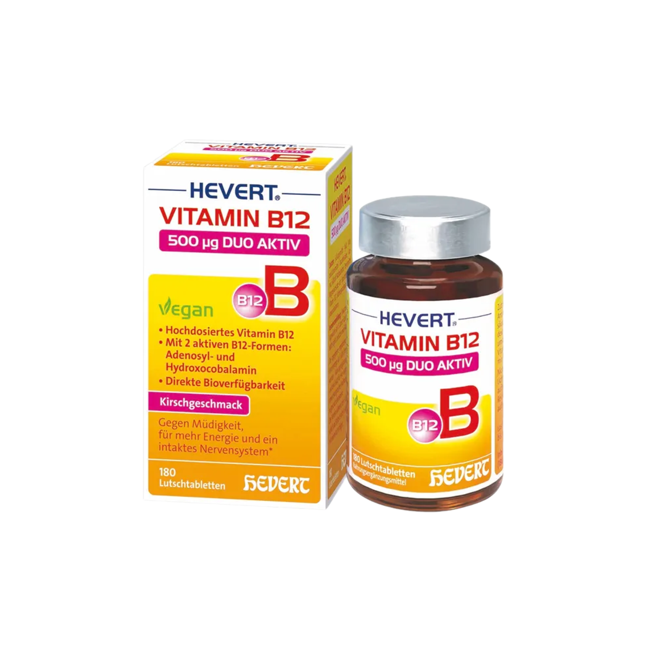 Vitamin B12 Hevert 500 µg Duo Aktiv 180 Cherry Lozenges | Dual Active Vitamin B12 (Adenosylcobalamin + Hydroxocobalamin) | Energy & Nervous System Support | Vegan PZN 19636947