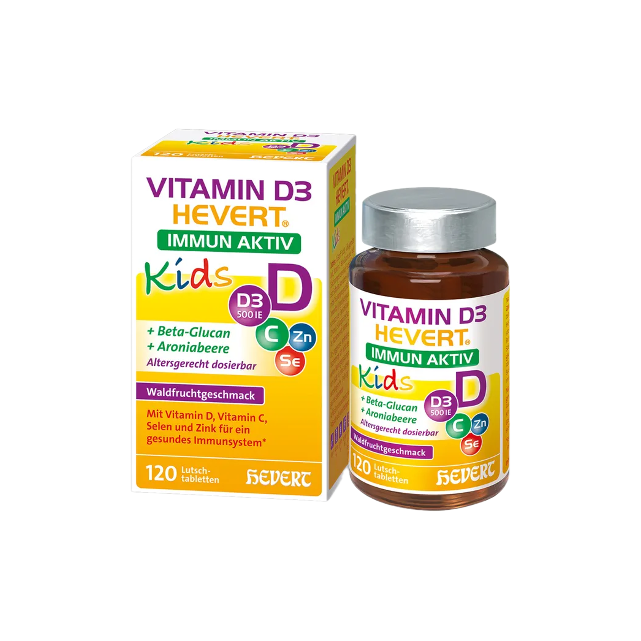 Vitamin D3 Hevert Immun Aktiv Kids 120 Lozenges | Vitamin D3, Vitamin C, Zinc, Selenium, Beta-Glucan & Aronia | Immune Support for Children | Vegan PZN 19972409