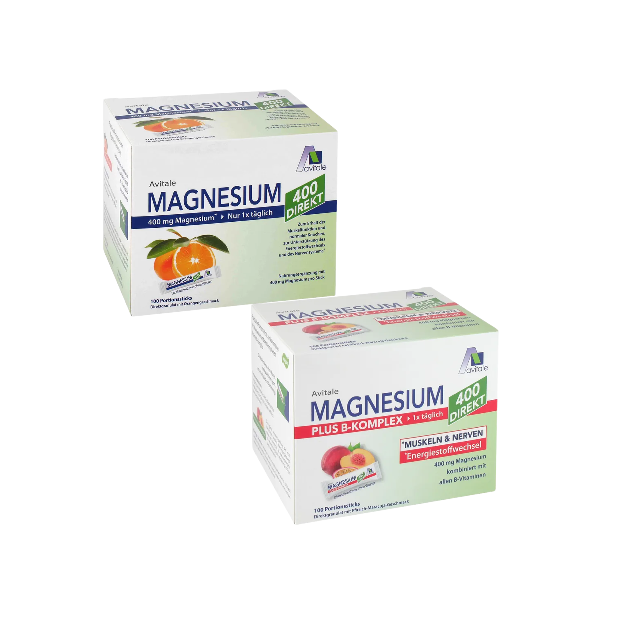 Avitale Magnesium Direct Bundle 200 Sticks Total | Magnesium 400 Orange + Magnesium 400 + B Complex Peach Passion Fruit Pomegranate |  Muscle, Nerve & Energy Support PZN 15529918 + 18769327