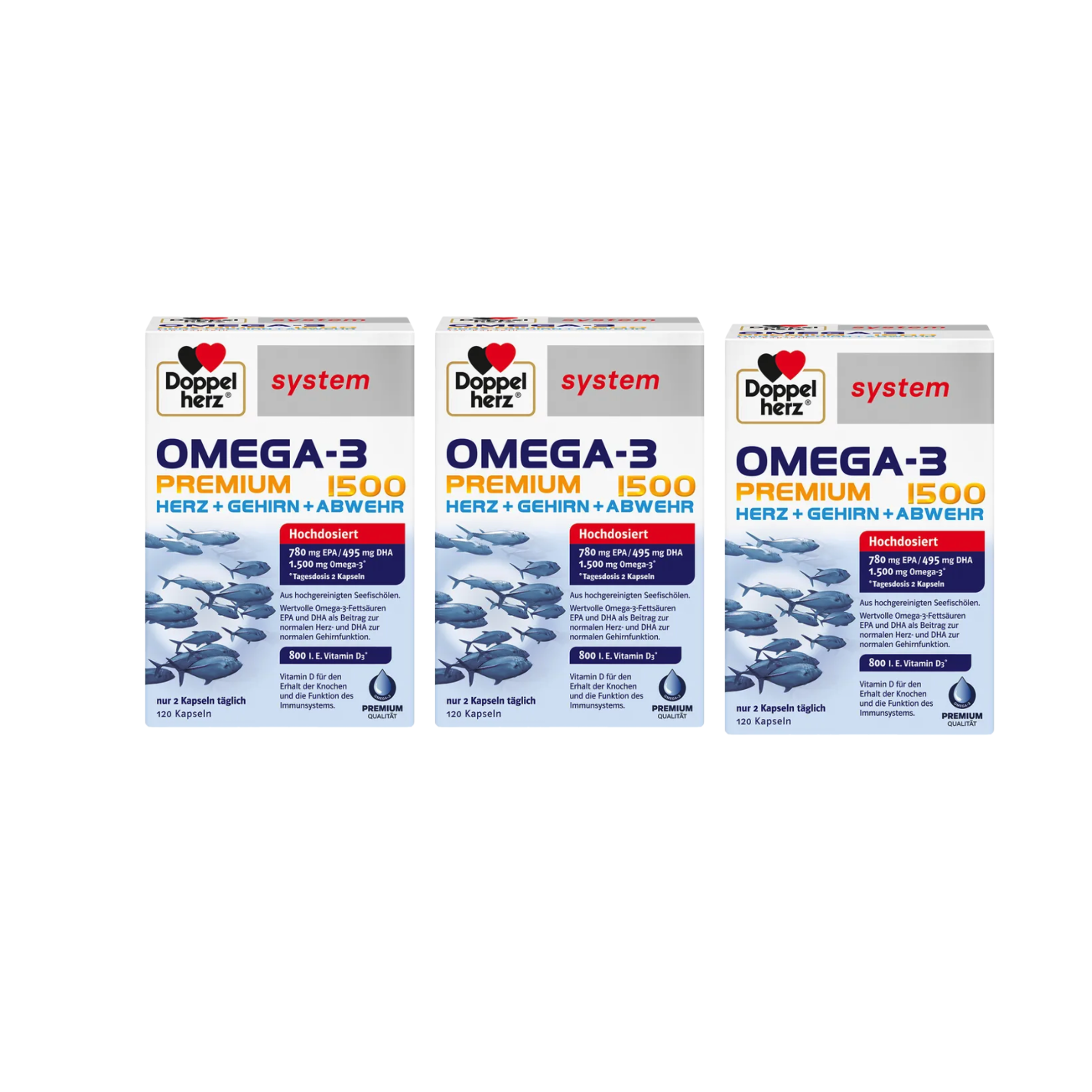 Doppelherz Omega-3 Premium 1500 System | Value Pack | 3 × 120 Capsules | 1,500 mg Omega-3, 780 mg EPA, 495 mg DHA, Vitamin D3 & Vitamin E | Sustainably Sourced Fish Oil | Made in Germany PZN 17173992