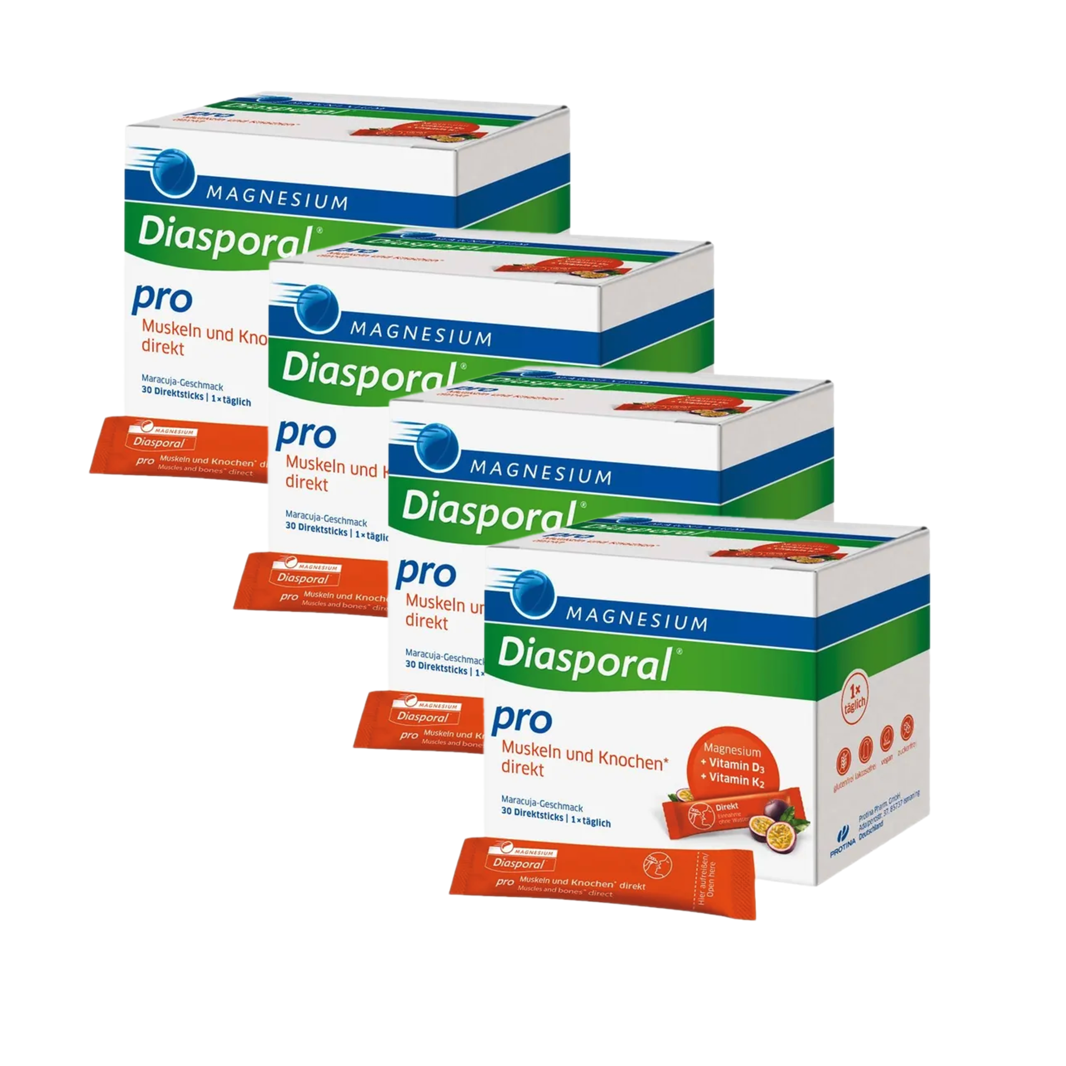 Magnesium Diasporal Pro Muscles + Bones Direct Granules 120 Sticks | Value Pack | 4 × 30 Sticks | 300 mg Magnesium + Vitamin D3 + Vitamin K2 | Passion Fruit Flavor | Vegan | Made in Germany | PZN 18160158