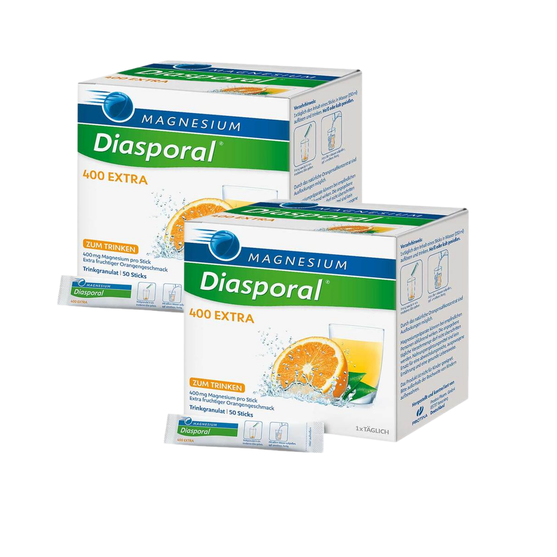 Magnesium Diasporal 400 Extra Drink Granules 100 Sticks | Double Pack | 400 mg Magnesium Citrate | Orange Flavor | Sugar-Free | Vegan | Made in Germany | PZN 03355608