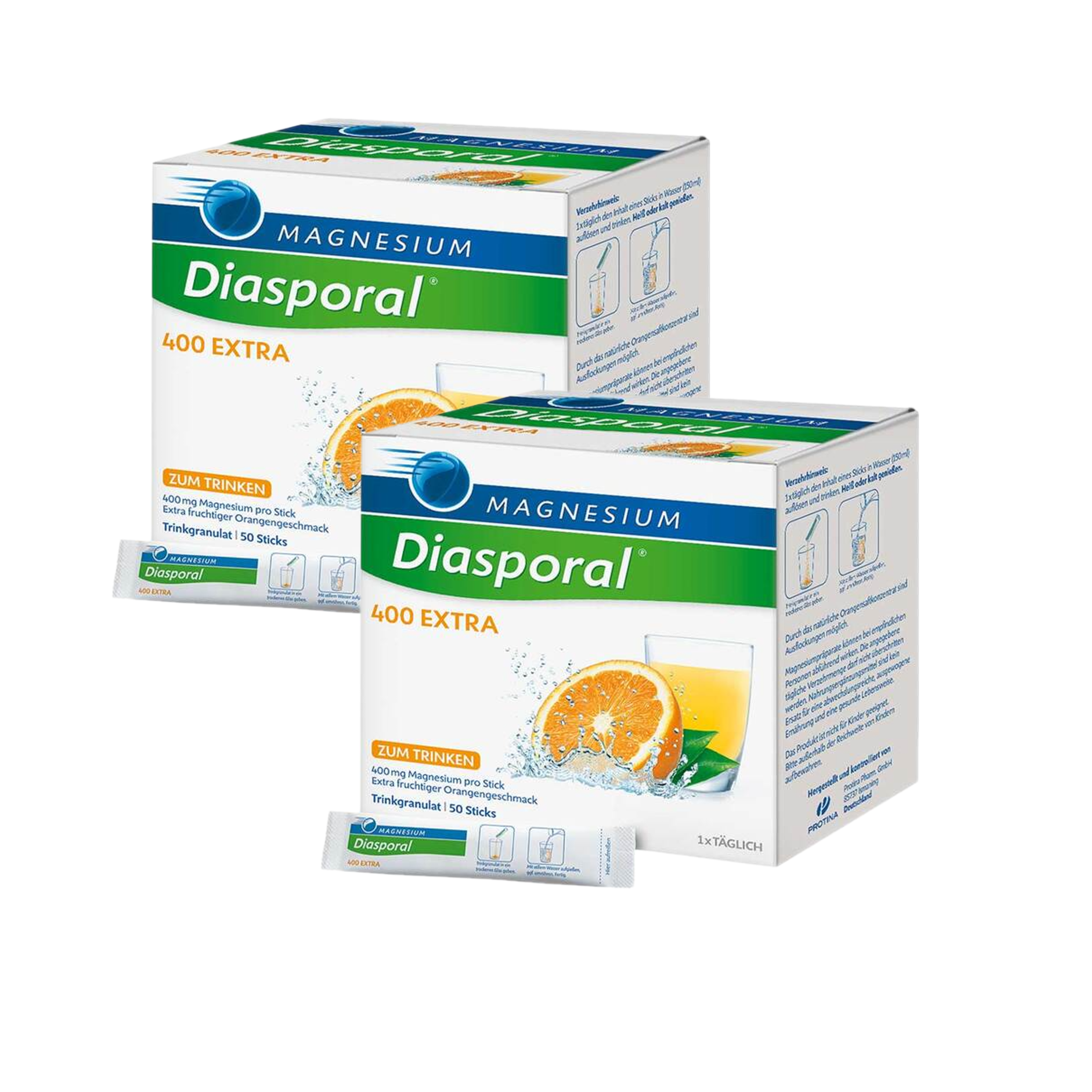 Magnesium Diasporal 400 Extra Drink Granules 100 Sticks | Double Pack | 400 mg Magnesium Citrate | Orange Flavor | Sugar-Free | Vegan | Made in Germany | PZN 03355608