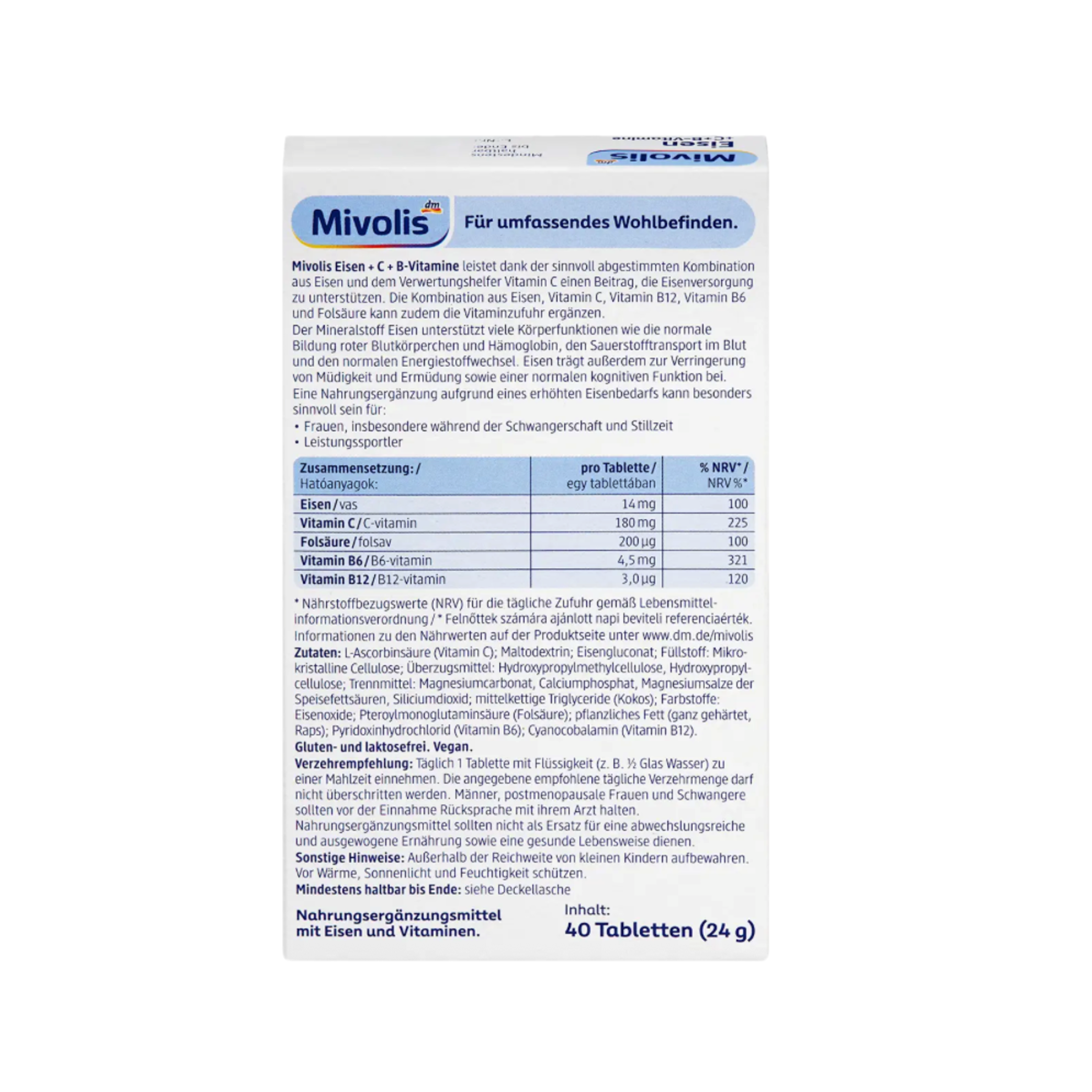 Mivolis Iron + Vitamin C + B Vitamins Tablets Value Pack 320 Tablets 8 × 40 Tablets | High Strength Iron Supplement | Vegan | Gluten & Lactose Free