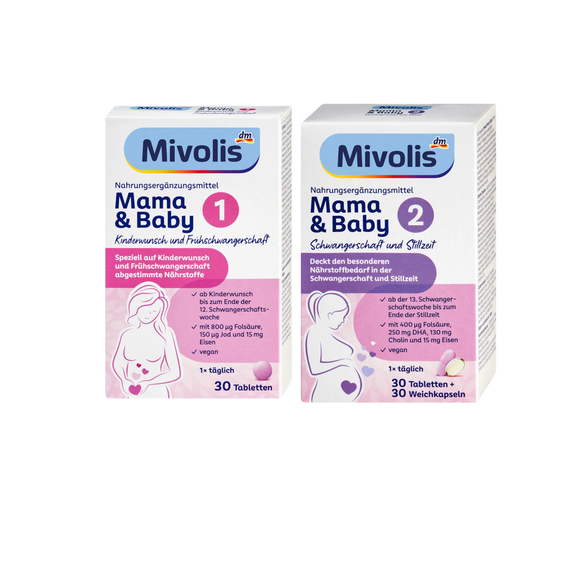 Mivolis Mama & Baby Pregnancy Nutrition Bundle | Mama & Baby 1 (30 Tablets) + Mama & Baby 2 (30 Tablets + 30 Soft Capsules) | Preconception to Breastfeeding | Folic Acid, DHA, Iron & Choline | Made in Germany