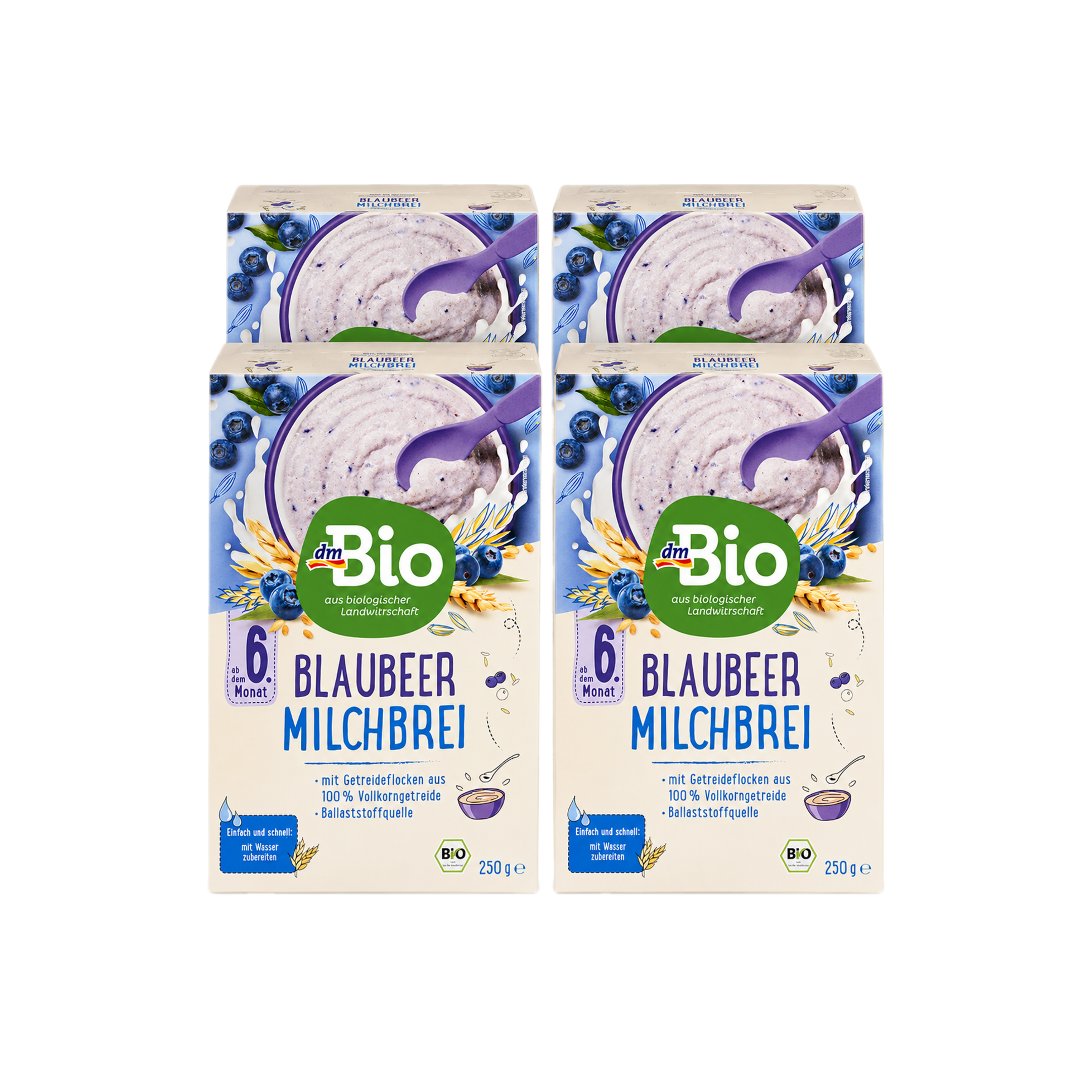 德国原装 dmBio 有机蓝莓牛奶麦片 超值装 1000克（4盒 × 250克）6个月以上 | 全谷物麦片 有机 无添加糖 德国制造