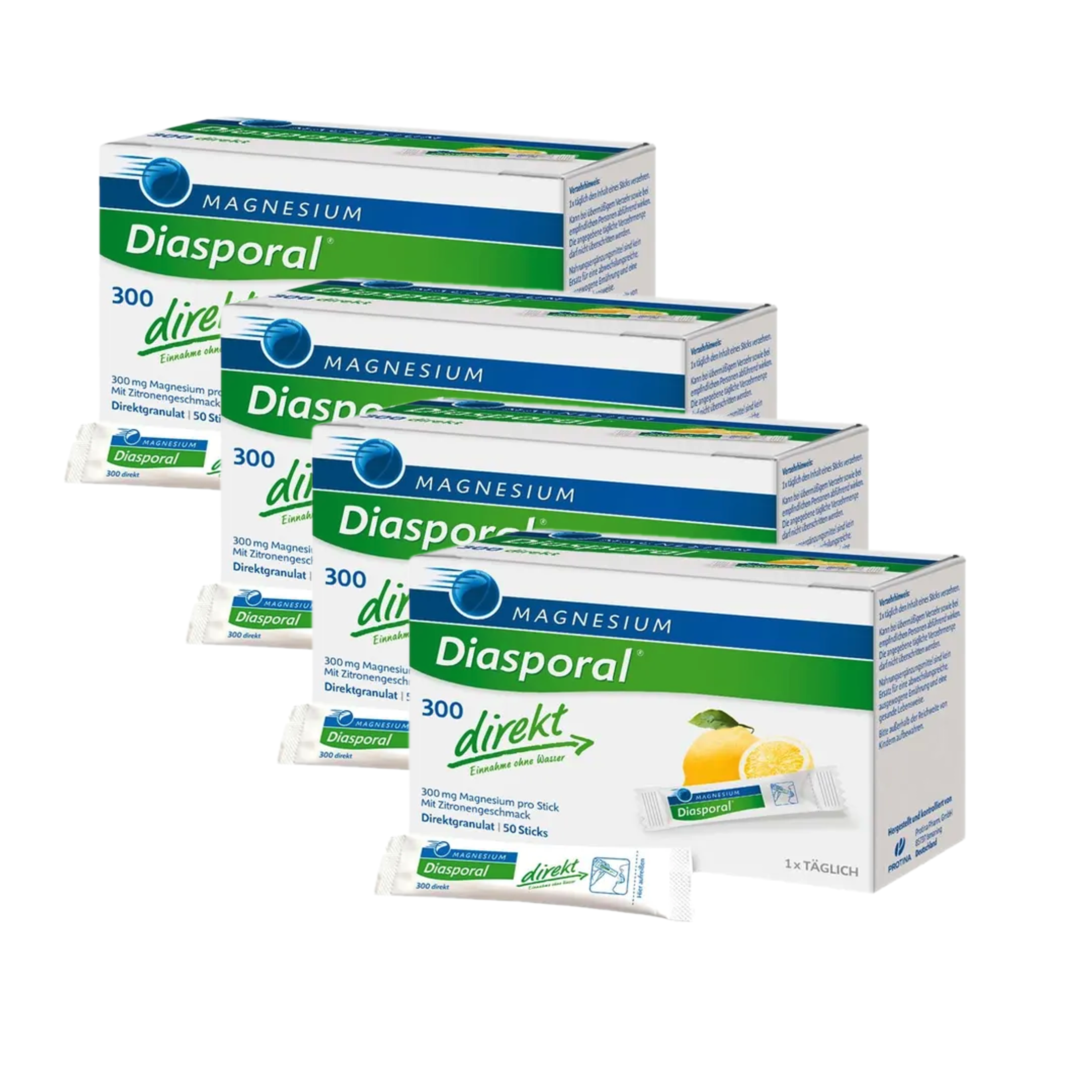Magnesium Diasporal 300 Direct Granules 200 Sticks | Value Pack | 4 × 50 Sticks | 300 mg Magnesium Citrate Complex | Lemon Flavor | No Water Needed | Vegan | Made in Germany | PZN 05969496