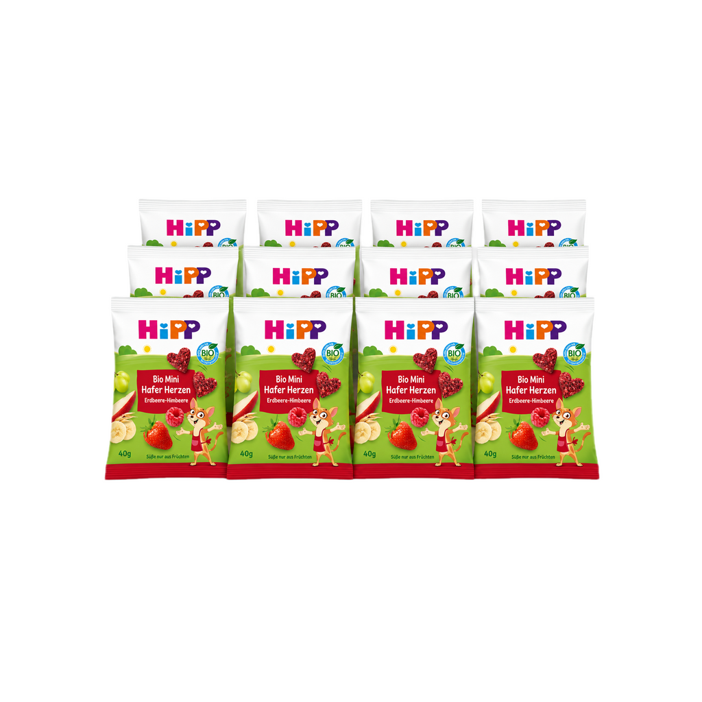 德国原装 Hipp喜宝 有机迷你燕麦心形饼 草莓树莓口味 经济包 12袋 x 40克 3岁以上儿童零食 有机全麦燕麦 无额外添加糖 | 德国制造