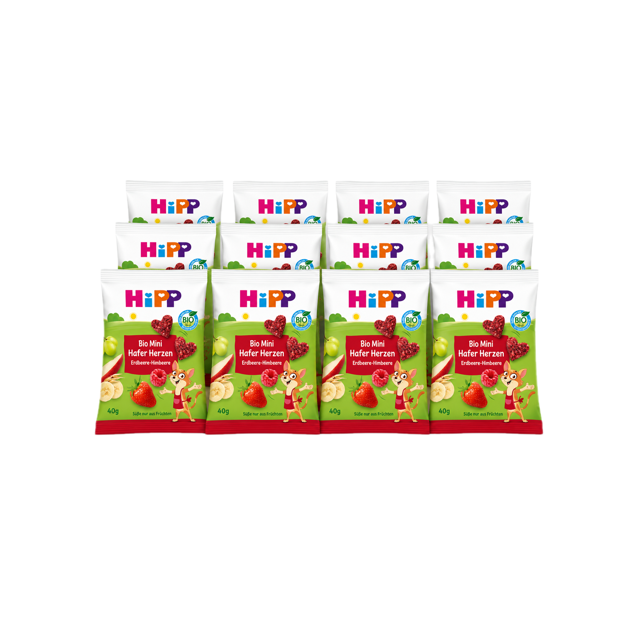德国原装 Hipp喜宝 有机迷你燕麦心形饼 草莓树莓口味 经济包 12袋 x 40克 3岁以上儿童零食 有机全麦燕麦 无额外添加糖 | 德国制造
