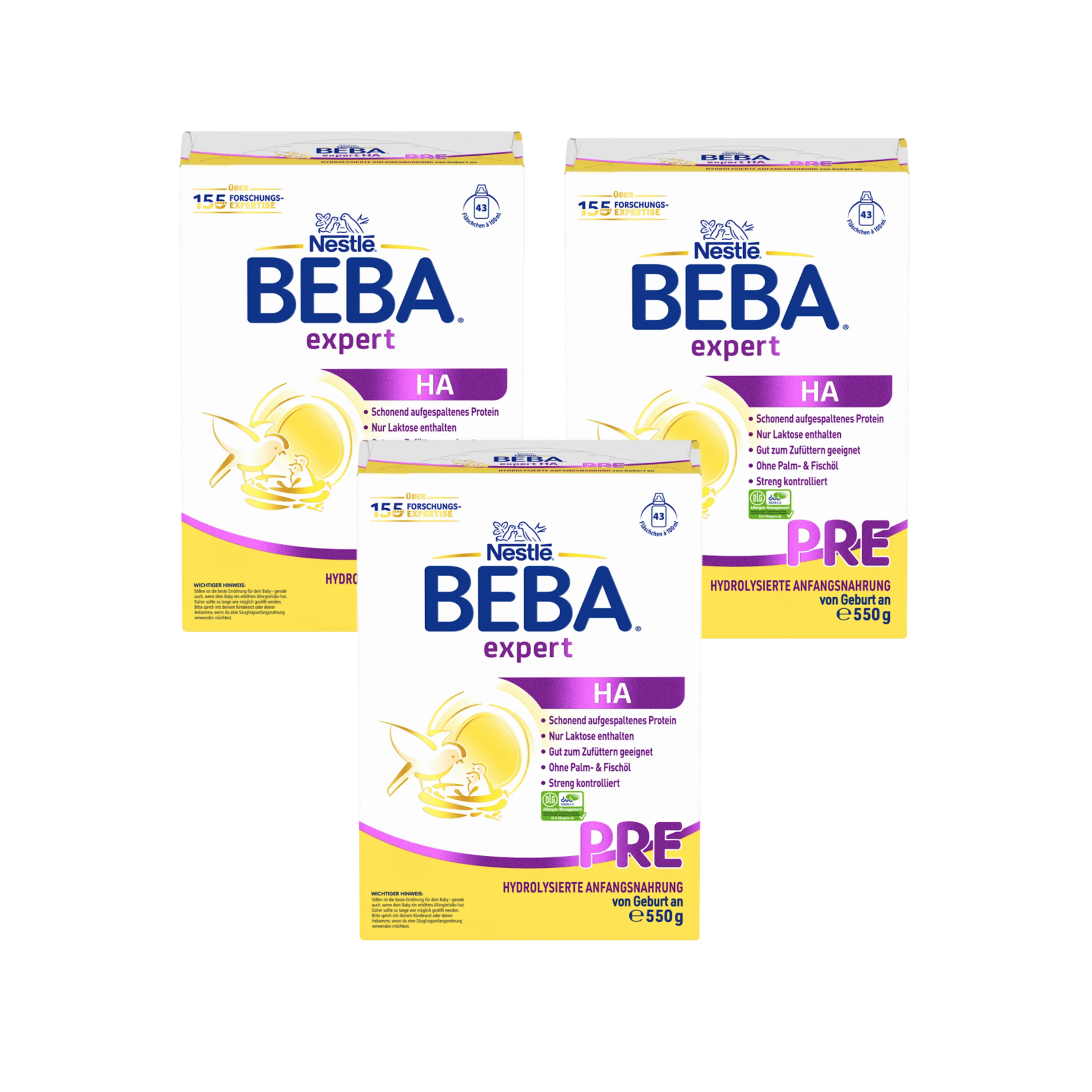 Nestlé BEBA EXPERT HA PRE Infant Formula Triple Pack 1750g 3 × 550 g | Hypoallergenic Formula | From Birth | Hydrolyzed Protein