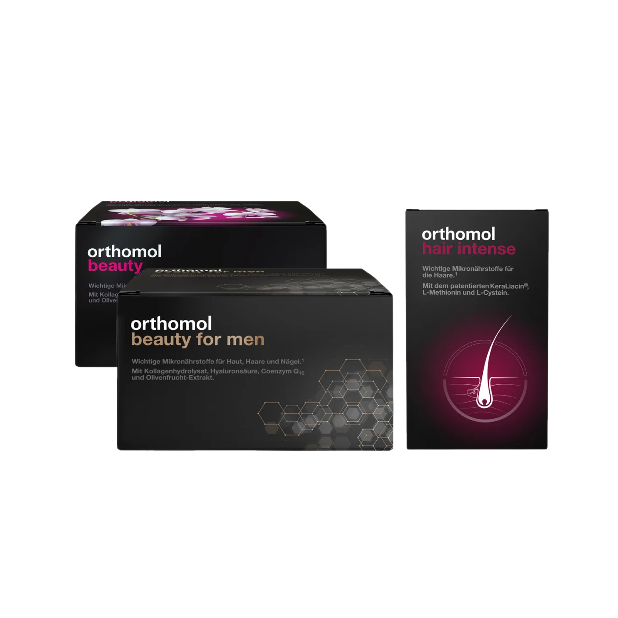 Orthomol Ultimate Beauty & Hair Trio Set | Hair Intense 60 Capsules (PZN 16563662) + Beauty for Women (PZN 15404743) + Beauty for Men (PZN 16016960) | Complete Hair, Skin & Nails Nutrition | Made in Germany